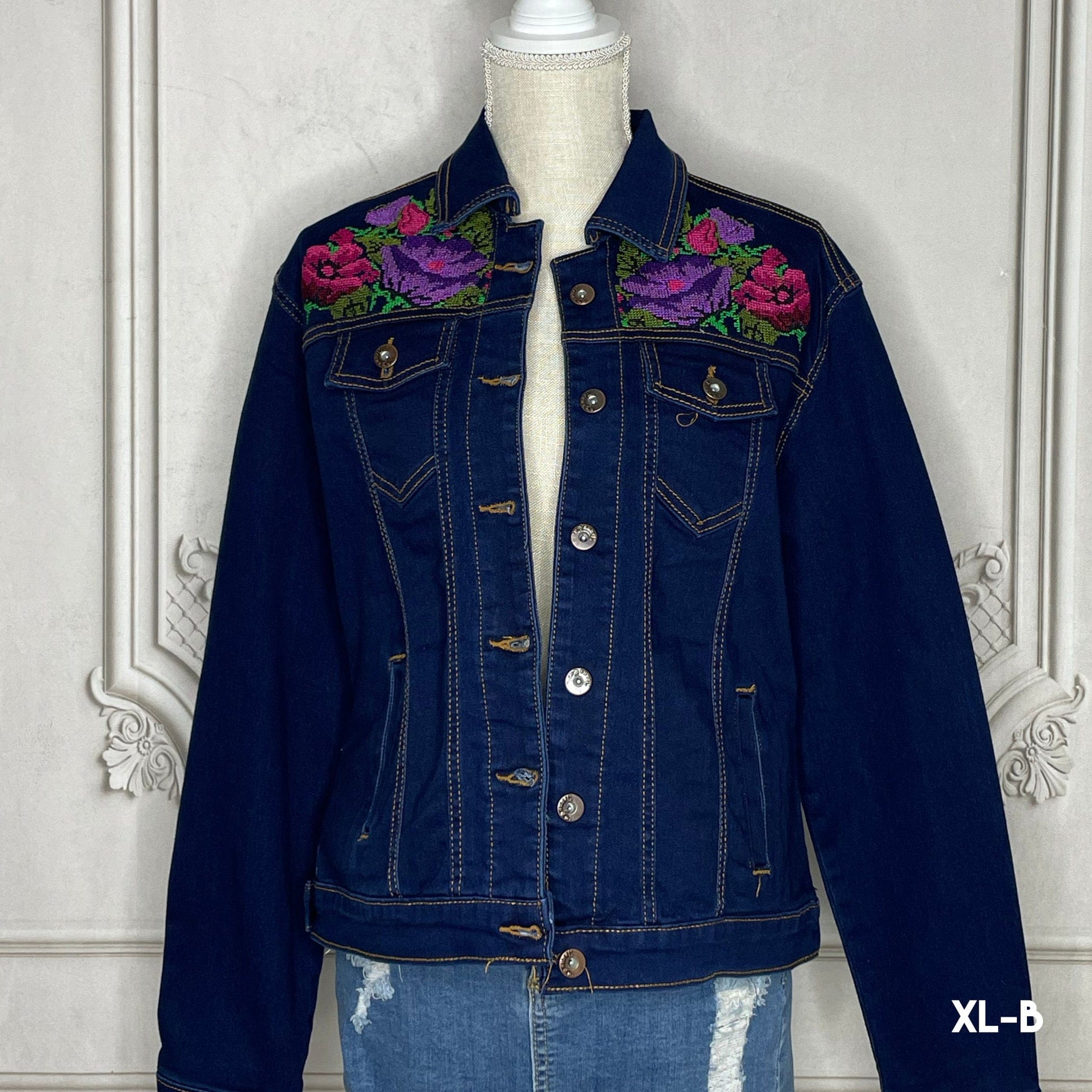 Mexican Embroidered Denim Jacket - Cross Stitch Roses