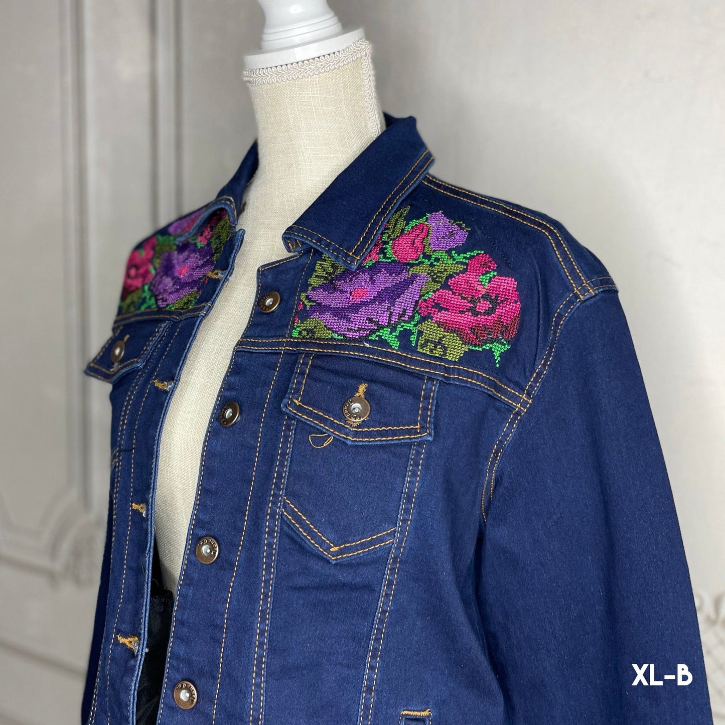 Mexican Embroidered Denim Jacket - Cross Stitch Roses