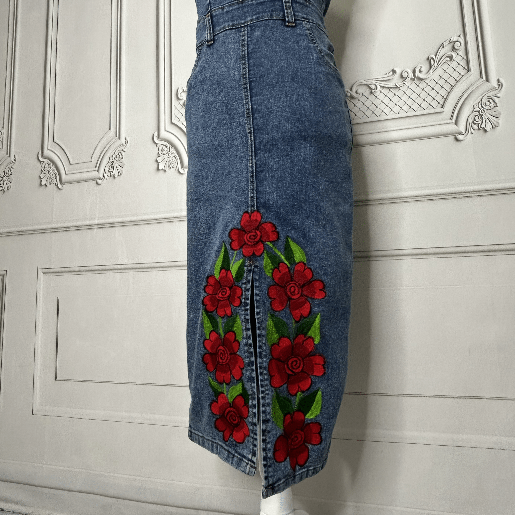 Mexican Embroidered Denim Strapless Dress - Front Slit Mexican Embroidered Denim Strapless Dress - Front Slit
