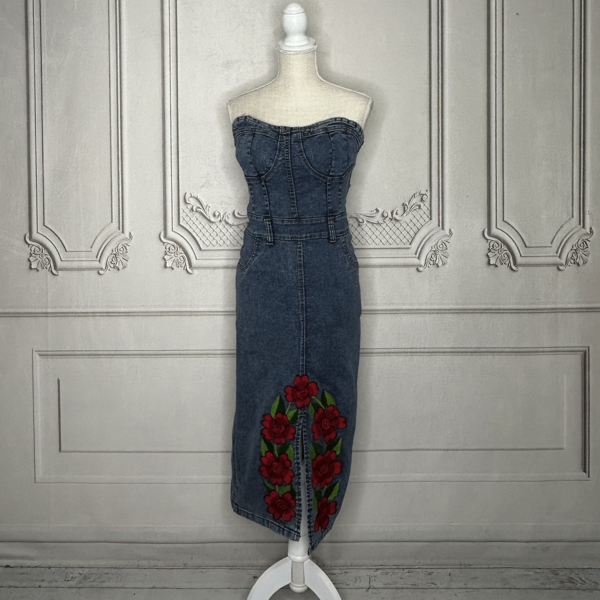 Mexican Embroidered Denim Strapless Dress - Front Slit Mexican Embroidered Denim Strapless Dress - Front Slit