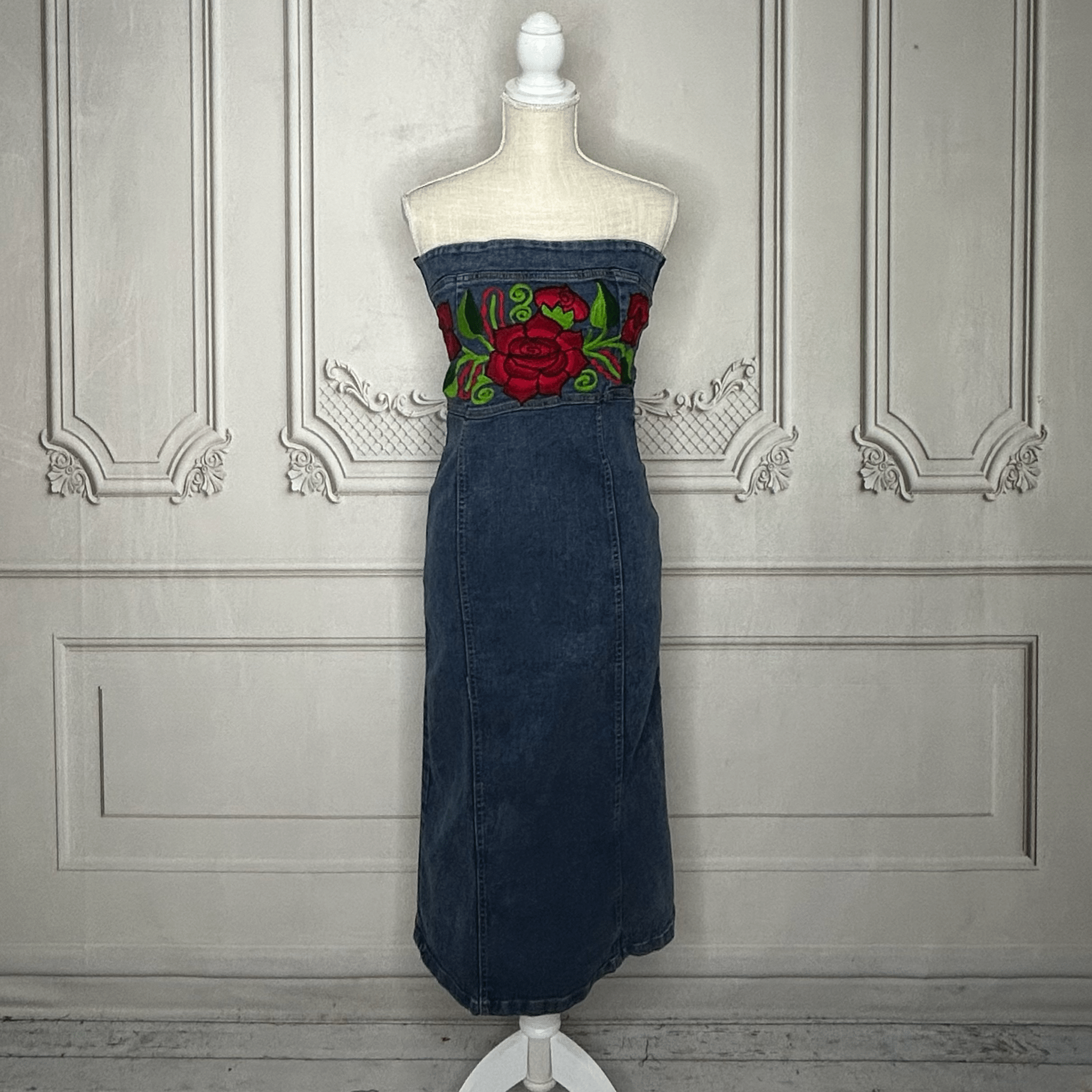Mexican Embroidered Denim Strapless Dress Mexican Embroidered Denim Strapless Dress