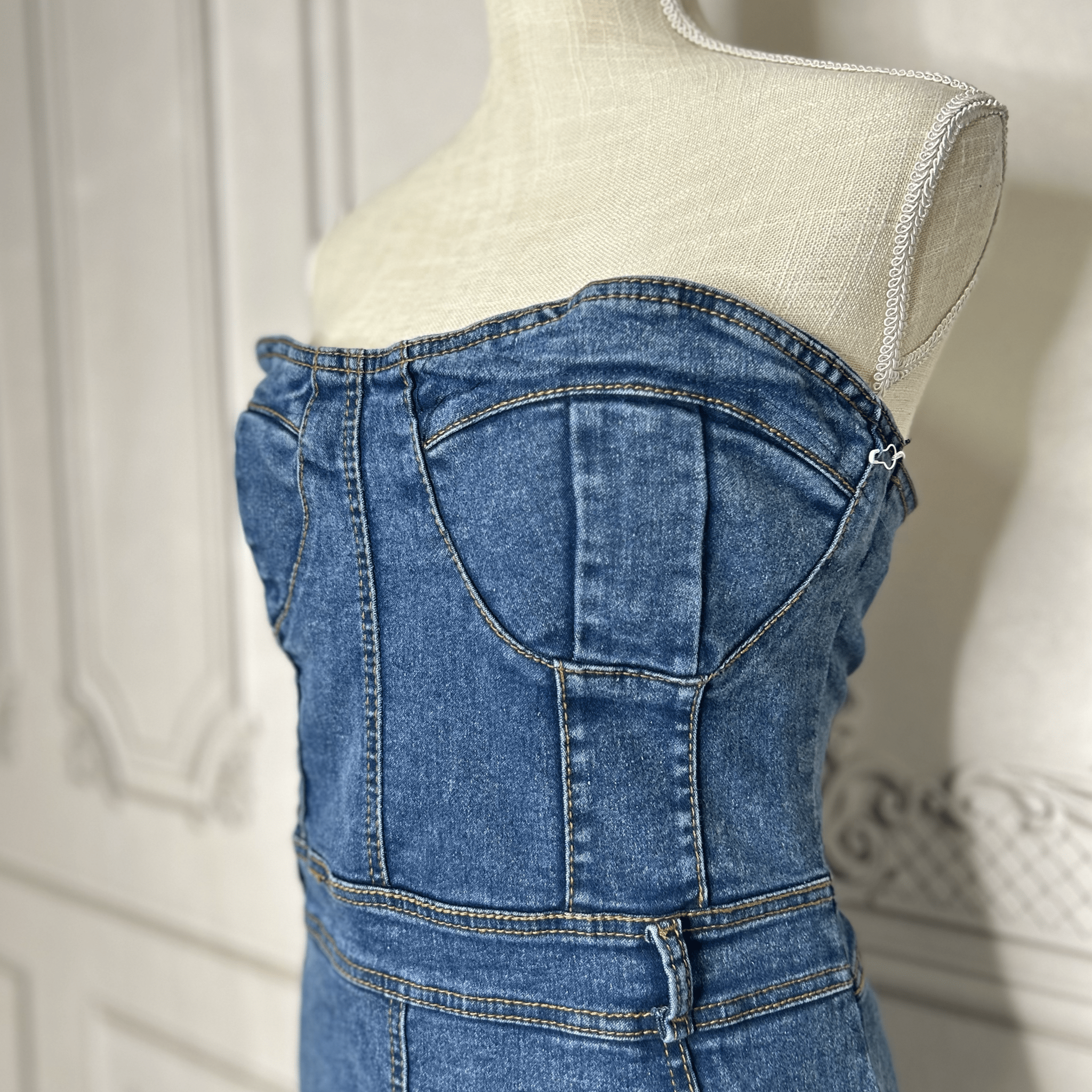 Mexican Embroidered Denim Strapless Dress - Side Slit Mexican Embroidered Denim Strapless Dress - Side Slit