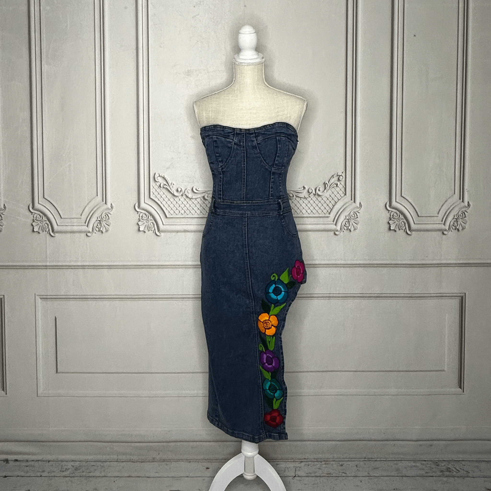 Mexican Embroidered Denim Strapless Dress - Side Slit Mexican Embroidered Denim Strapless Dress - Side Slit