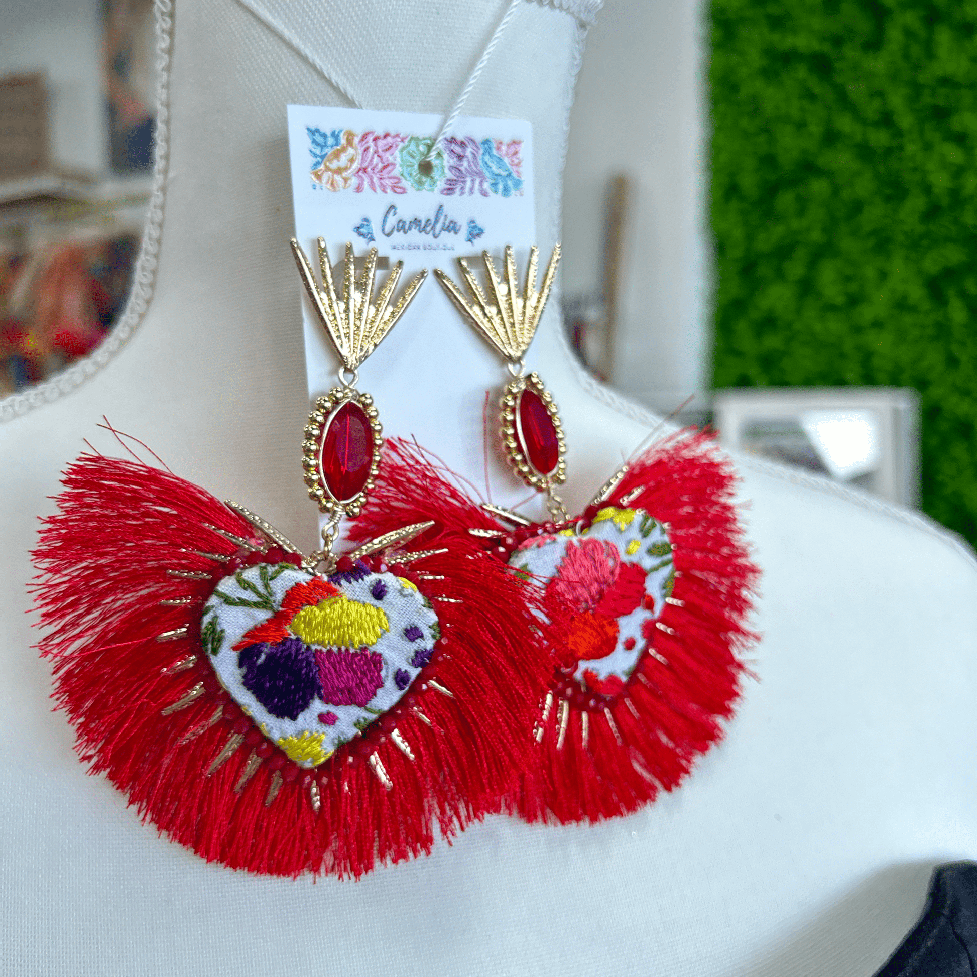 Mexican Embroidered Earrings - Sacred Heart