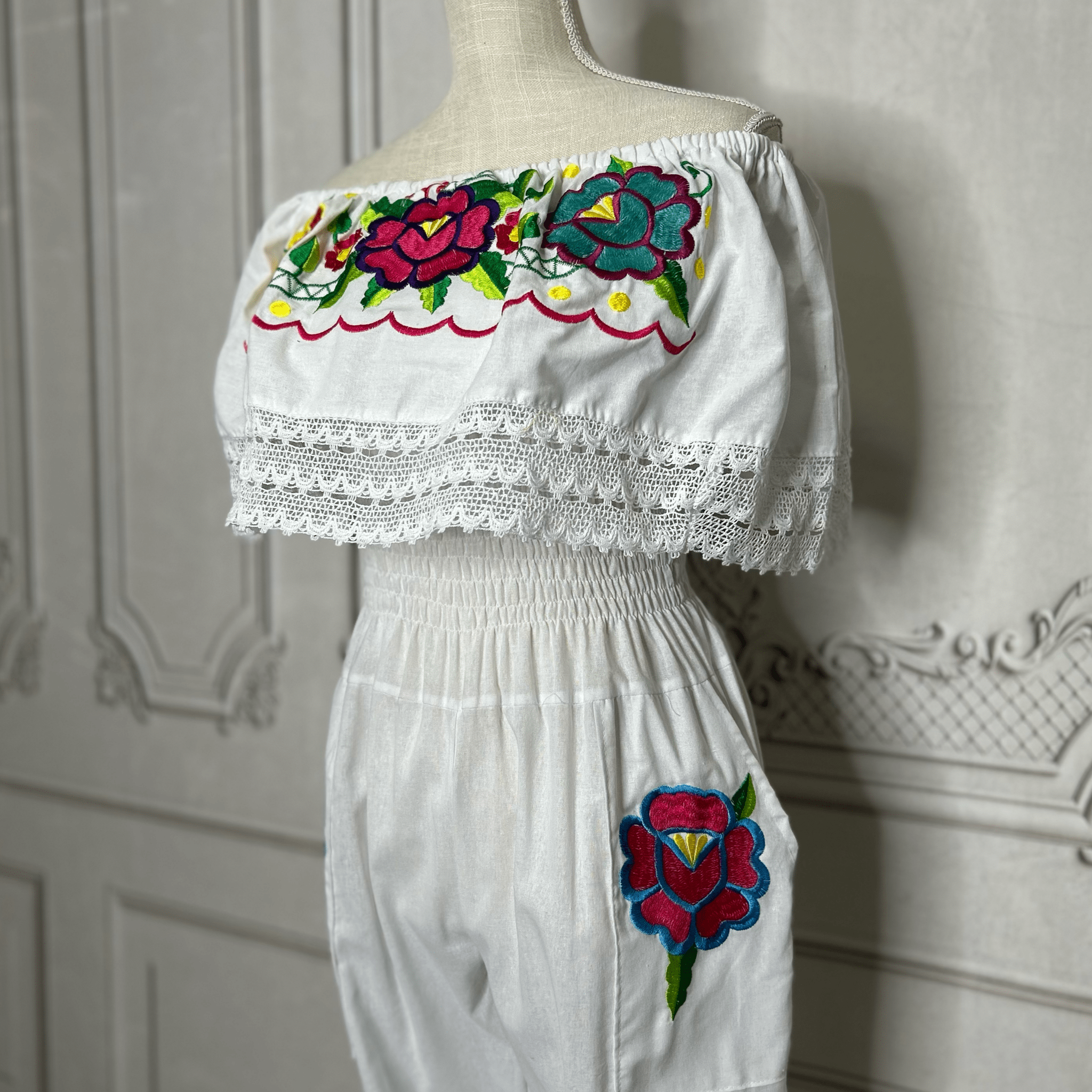 Mexican Embroidered Floral Zinnia Jumpsuit - Off Shoulder Mexican Embroidered Floral Zinnia Jumpsuit - Off Shoulder