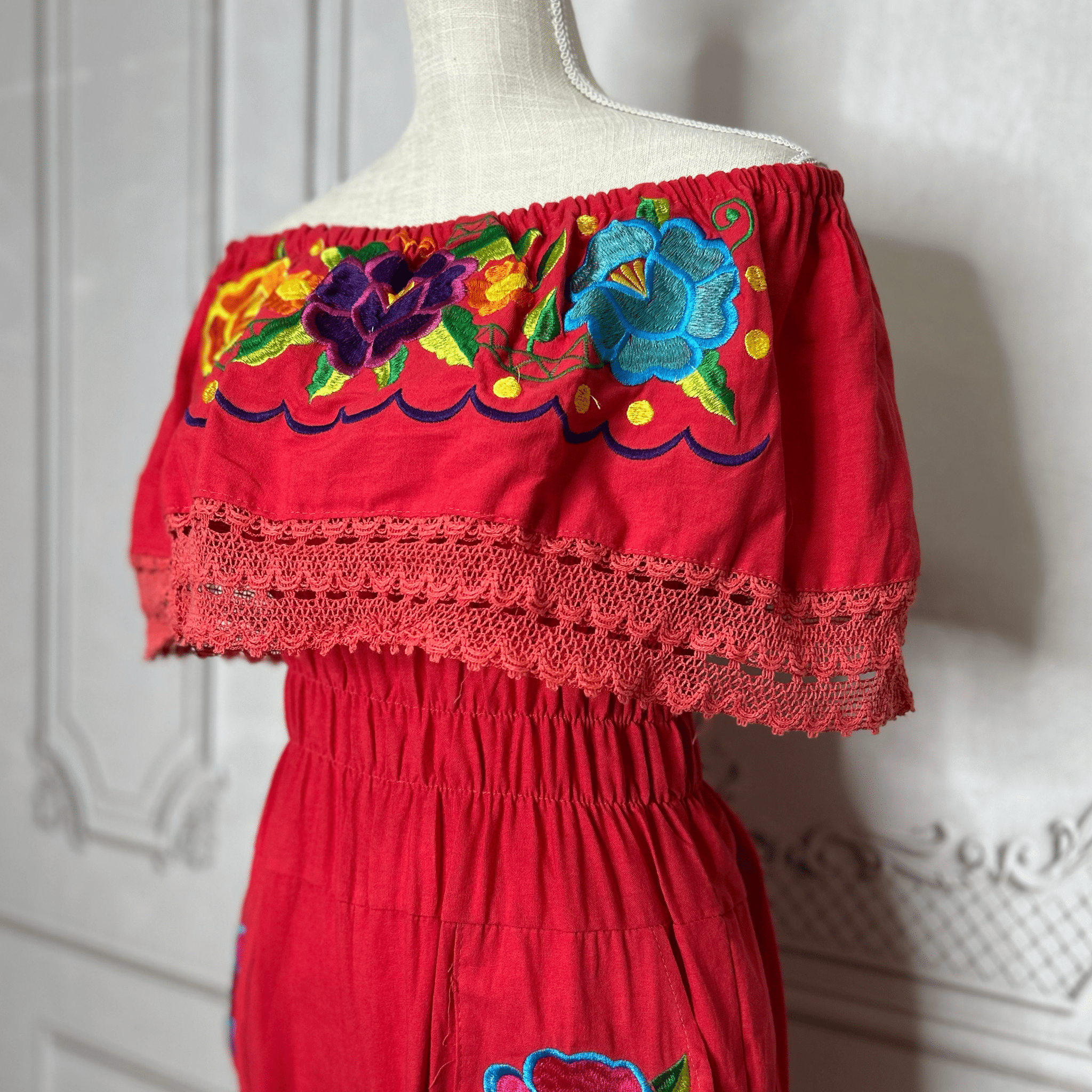 Mexican Embroidered Floral Zinnia Jumpsuit - Off Shoulder Mexican Embroidered Floral Zinnia Jumpsuit - Off Shoulder