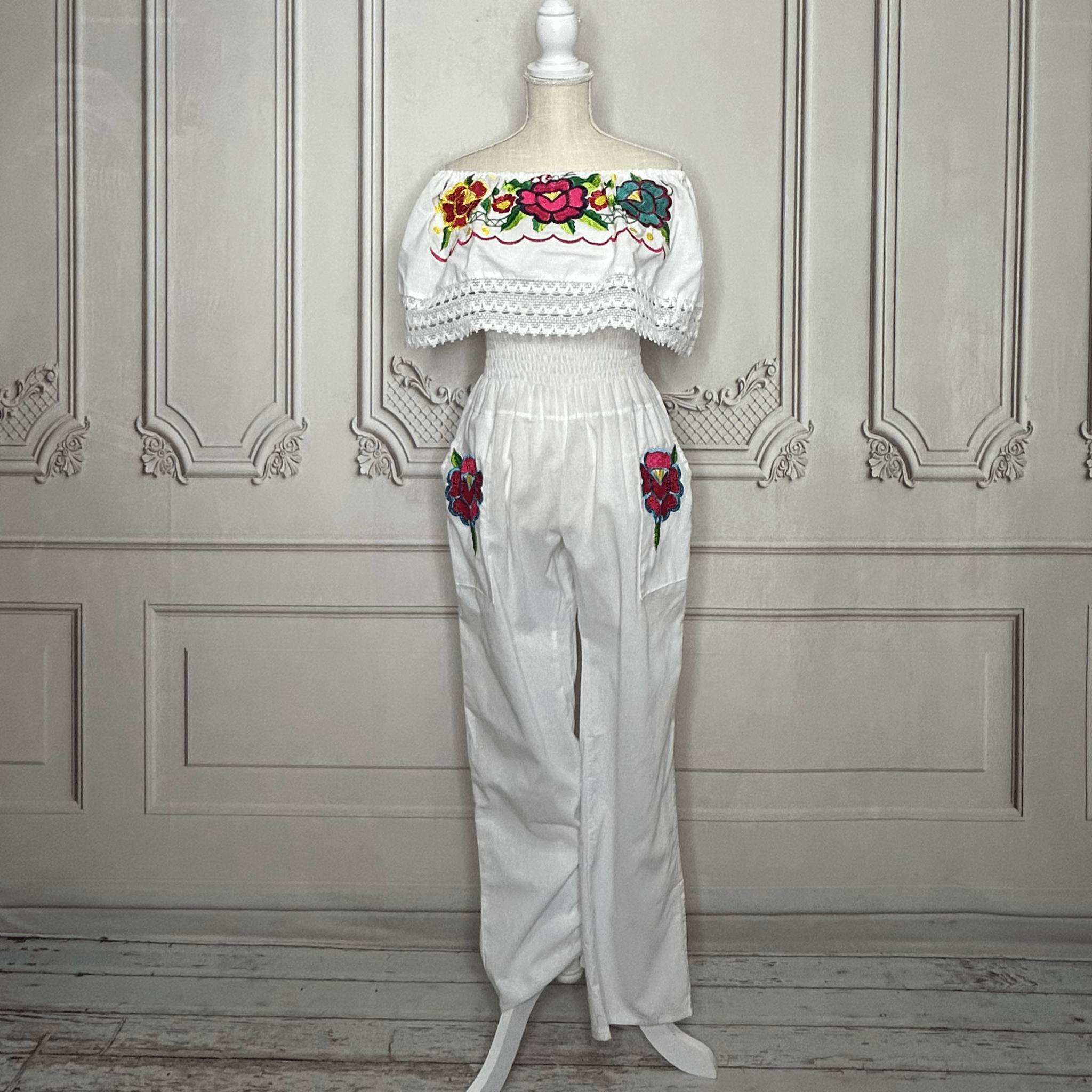 Mexican Embroidered Floral Zinnia Jumpsuit - Off Shoulder Mexican Embroidered Floral Zinnia Jumpsuit - Off Shoulder