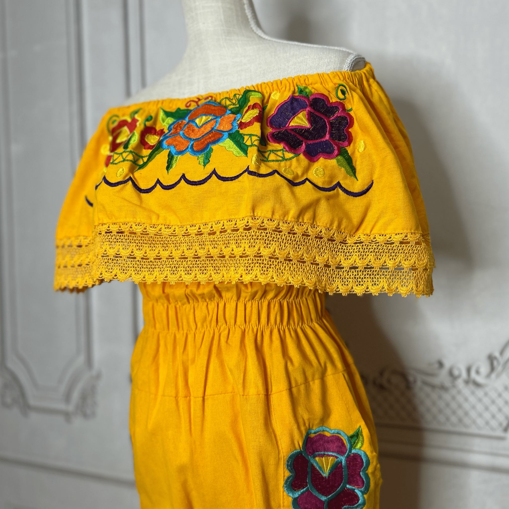 Mexican Embroidered Floral Zinnia Jumpsuit - Off Shoulder Mexican Embroidered Floral Zinnia Jumpsuit - Off Shoulder