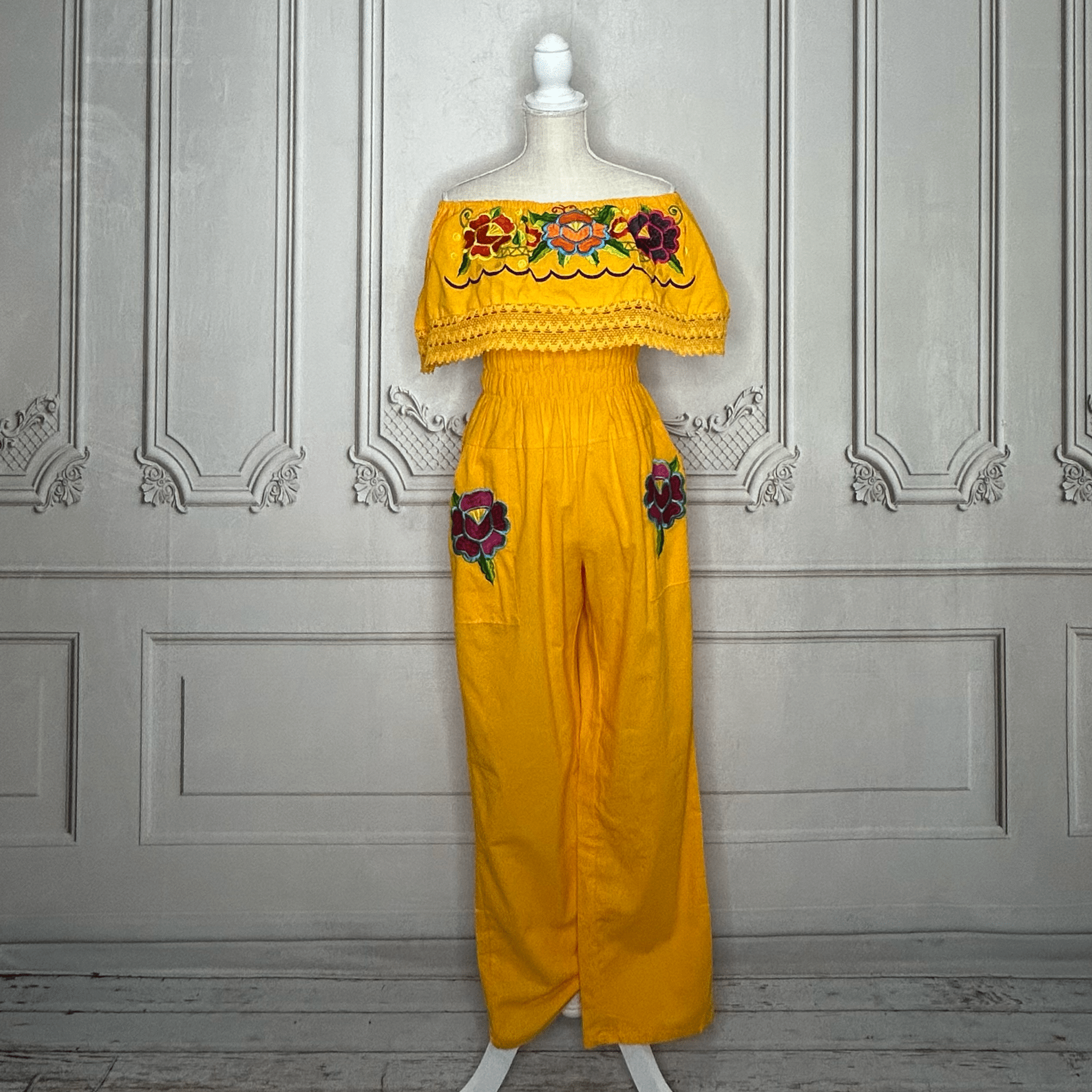 Mexican Embroidered Floral Zinnia Jumpsuit - Off Shoulder Mexican Embroidered Floral Zinnia Jumpsuit - Off Shoulder