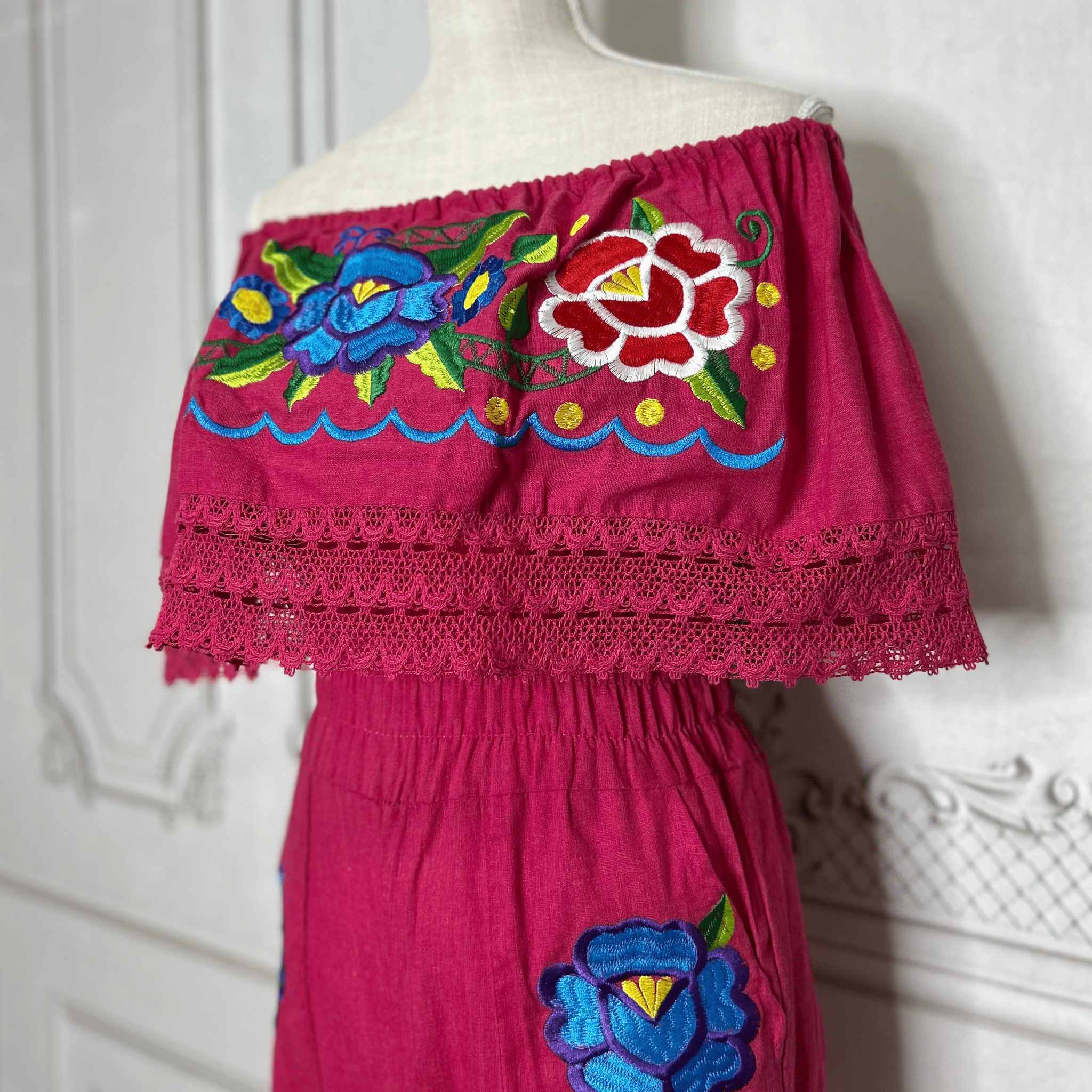 Mexican Embroidered Floral Zinnia Jumpsuit - Off Shoulder Mexican Embroidered Floral Zinnia Jumpsuit - Off Shoulder