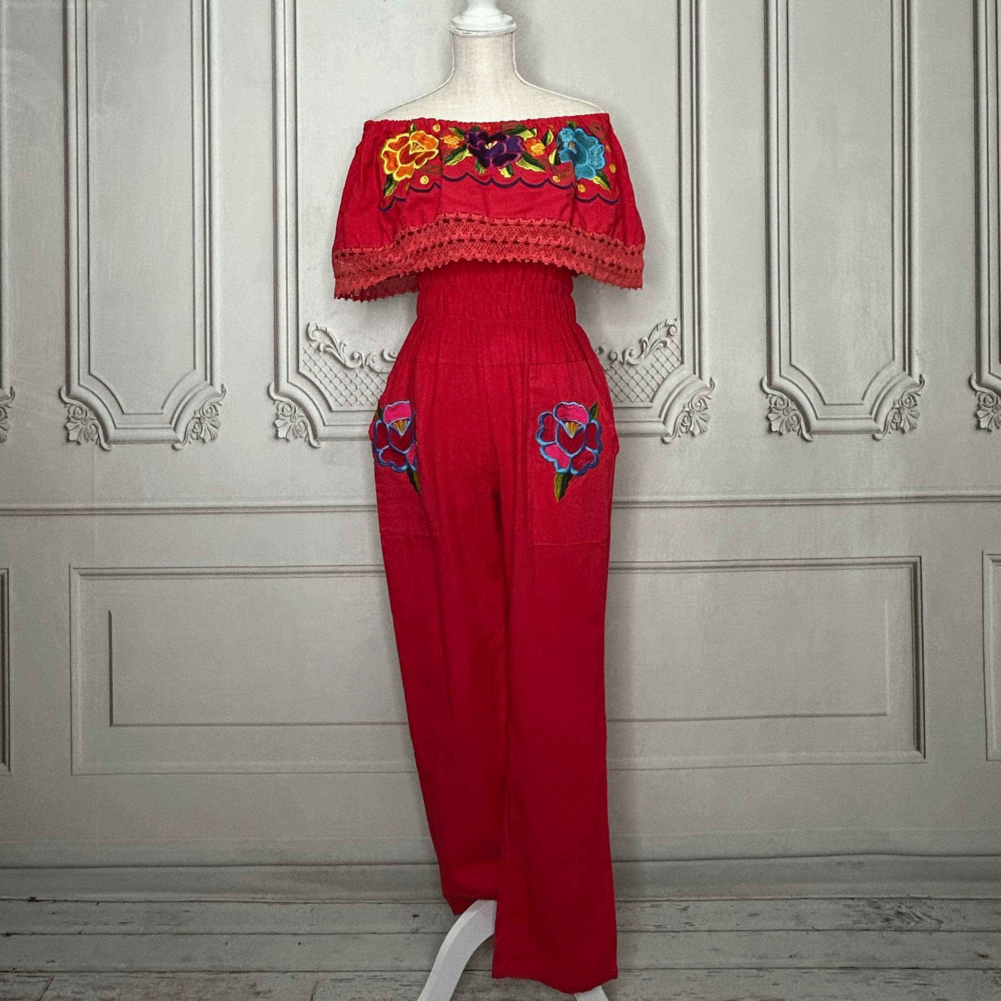 Mexican Embroidered Floral Zinnia Jumpsuit - Off Shoulder Mexican Embroidered Floral Zinnia Jumpsuit - Off Shoulder