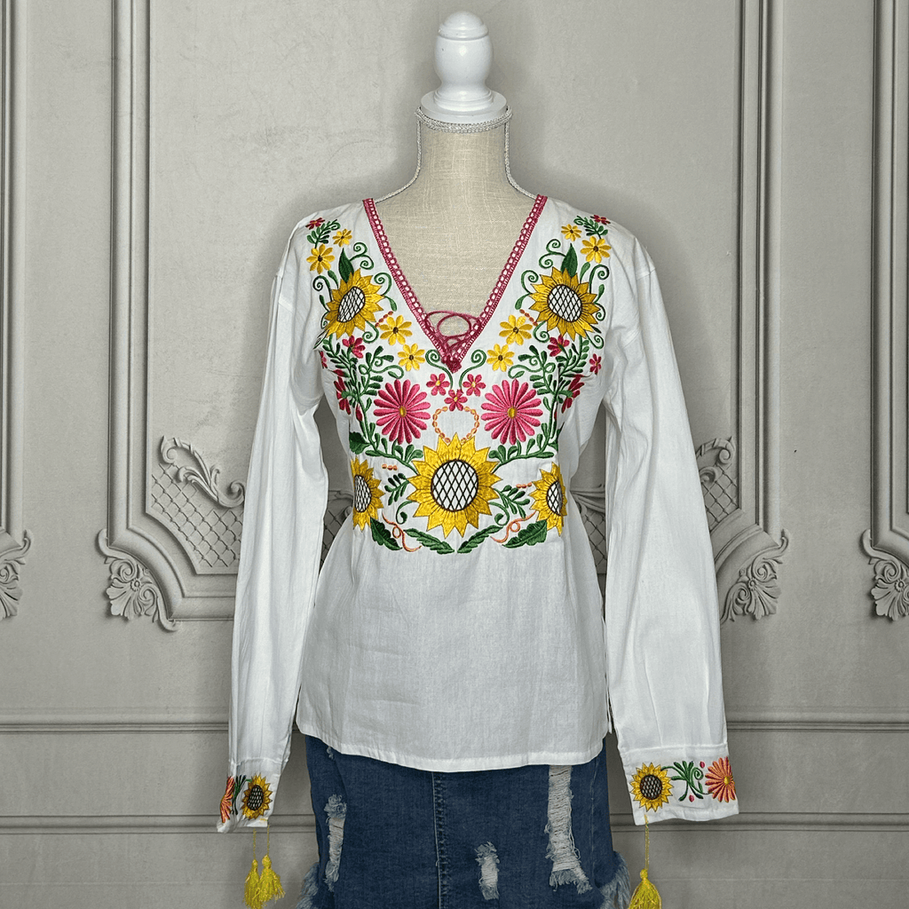Mexican Embroidered Long Sleeve Sunflower Tunic Mexican Embroidered Long Sleeve Sunflower Tunic