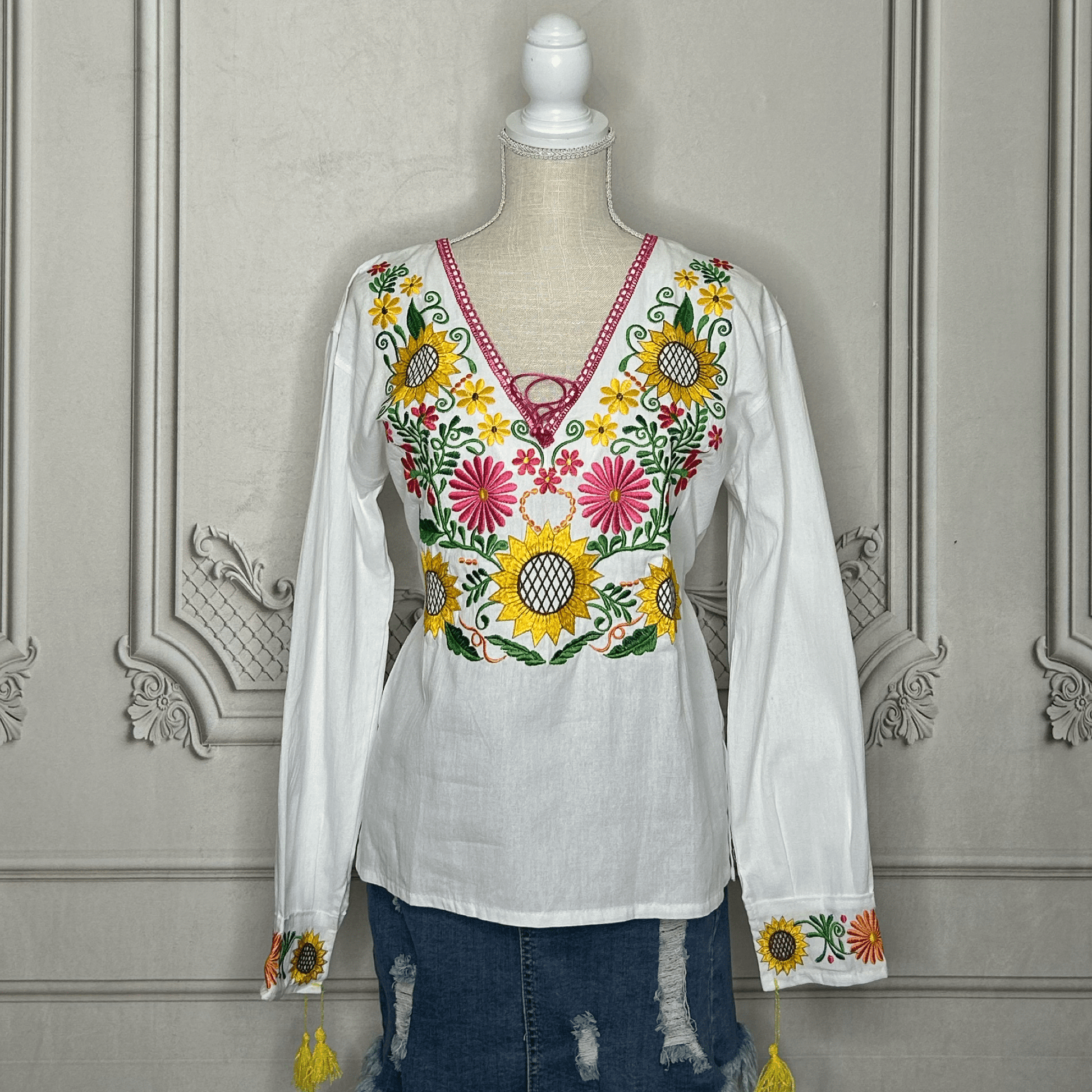 Mexican Embroidered Long Sleeve Sunflower Tunic Mexican Embroidered Long Sleeve Sunflower Tunic