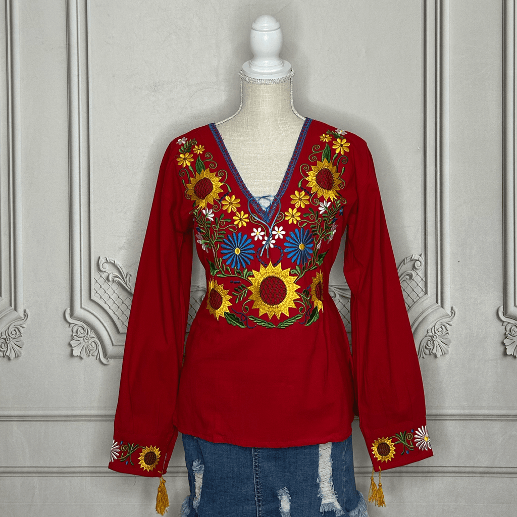 Mexican Embroidered Long Sleeve Sunflower Tunic Mexican Embroidered Long Sleeve Sunflower Tunic