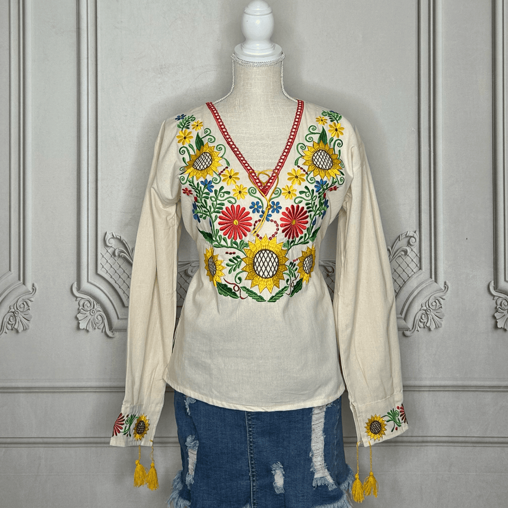 Mexican Embroidered Long Sleeve Sunflower Tunic Mexican Embroidered Long Sleeve Sunflower Tunic