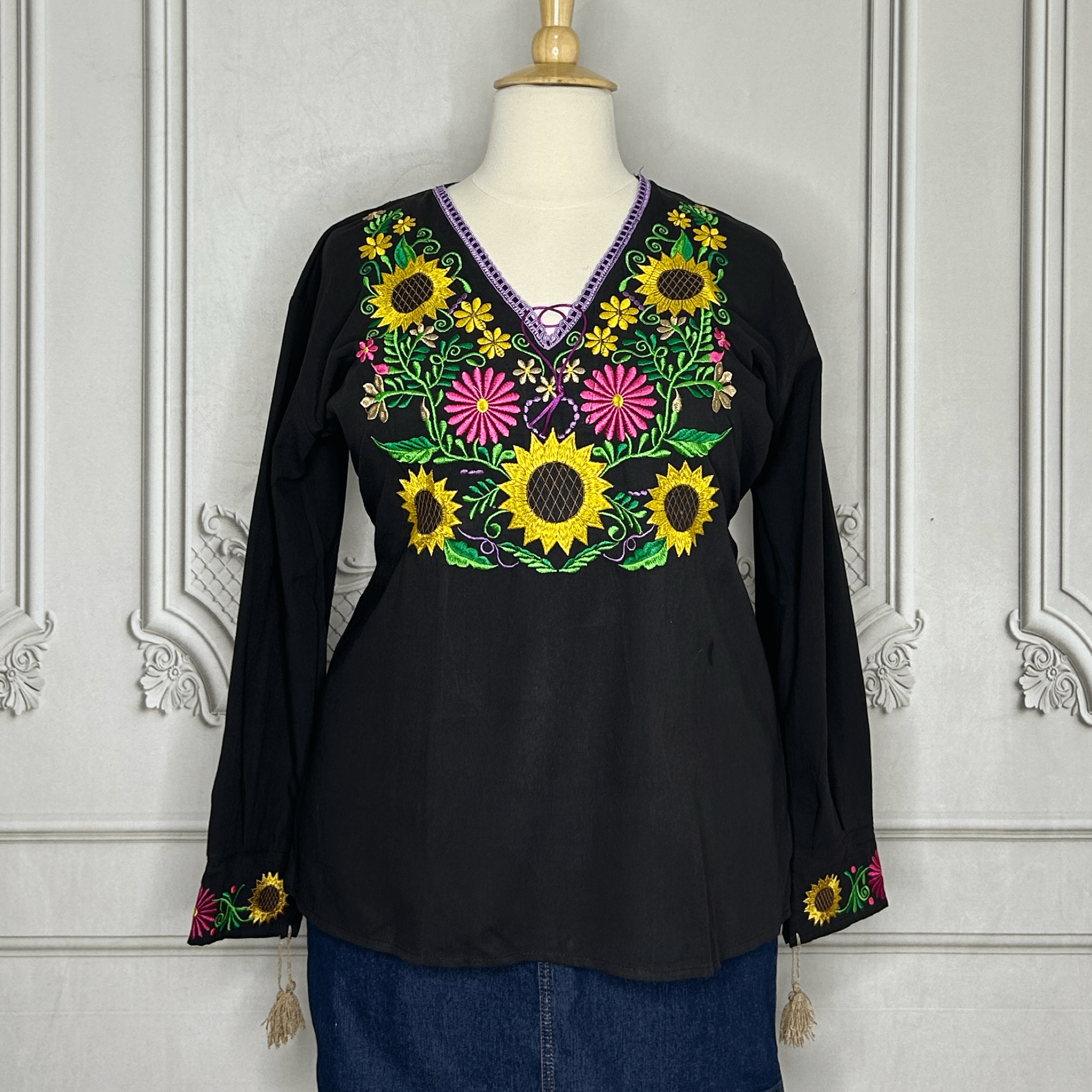 Mexican Embroidered Long Sleeve Sunflower Tunic Mexican Embroidered Long Sleeve Sunflower Tunic