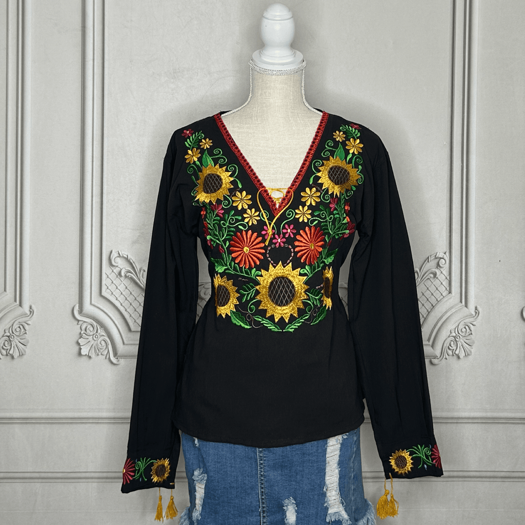 Mexican Embroidered Long Sleeve Sunflower Tunic Mexican Embroidered Long Sleeve Sunflower Tunic