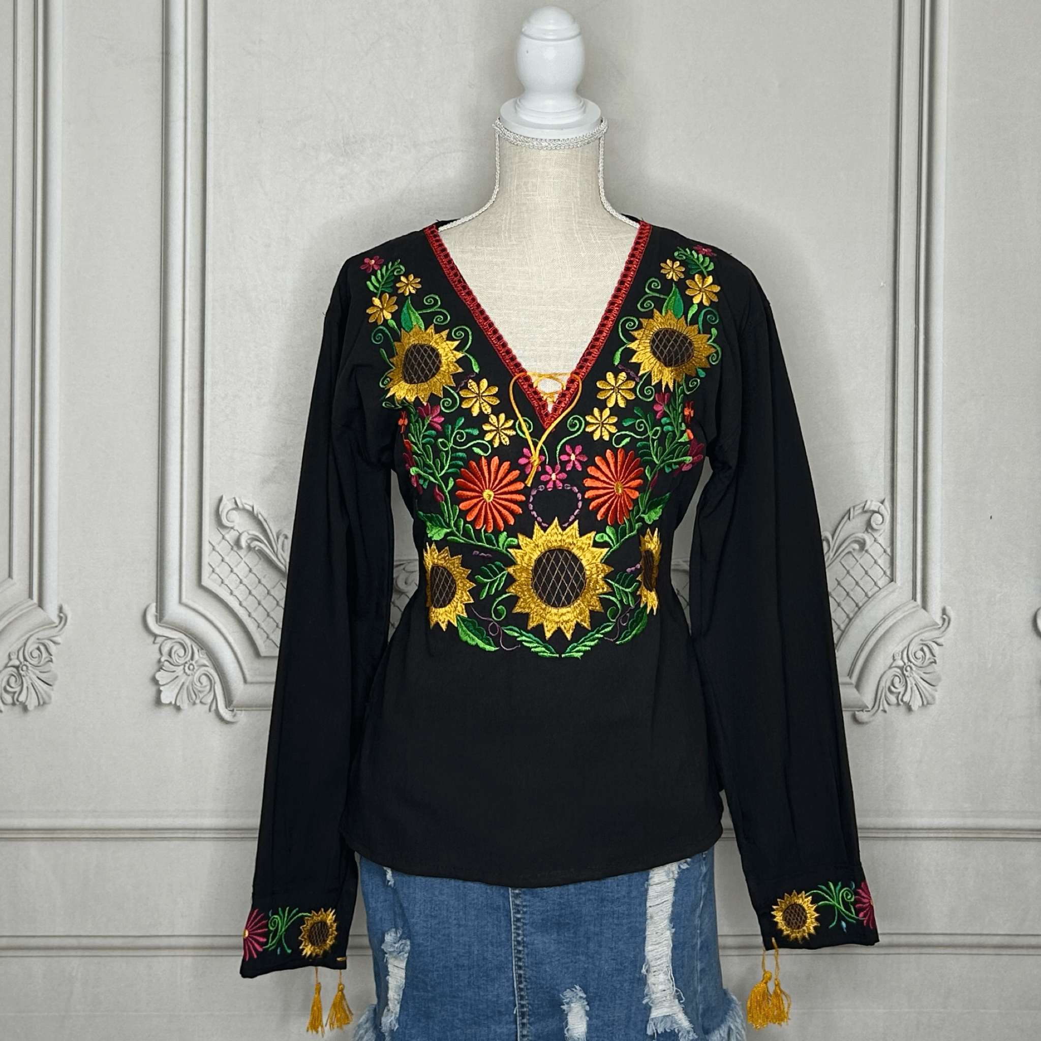 Mexican Embroidered Long Sleeve Sunflower Tunic Mexican Embroidered Long Sleeve Sunflower Tunic
