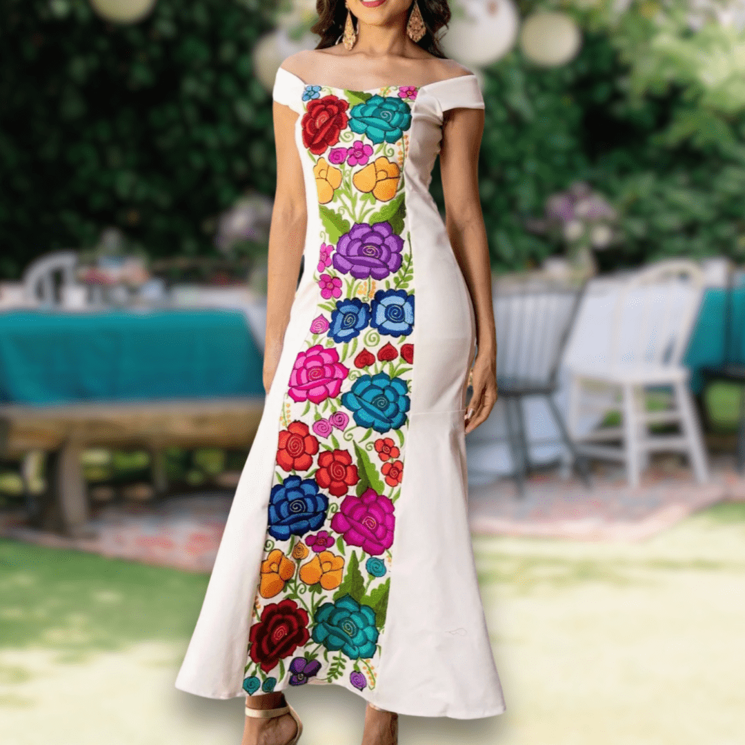 Mexican Embroidered Off Shoulder Maxi Evening Dress Mexican Embroidered Off Shoulder Maxi Evening Dress
