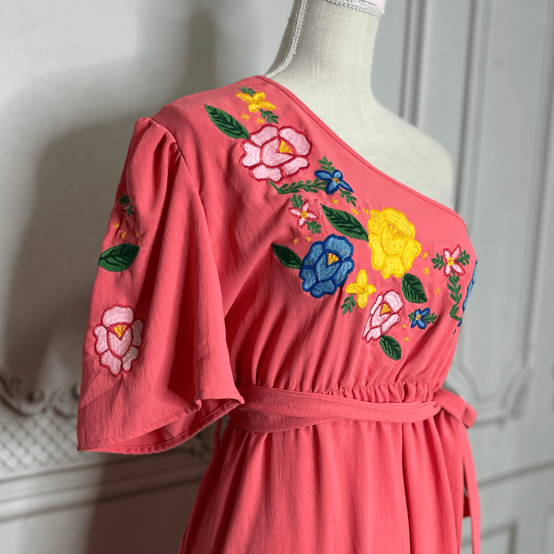 Mexican Embroidered One Shoulder Tiered Maxi Dress Mexican Embroidered One Shoulder Tiered Maxi Dress