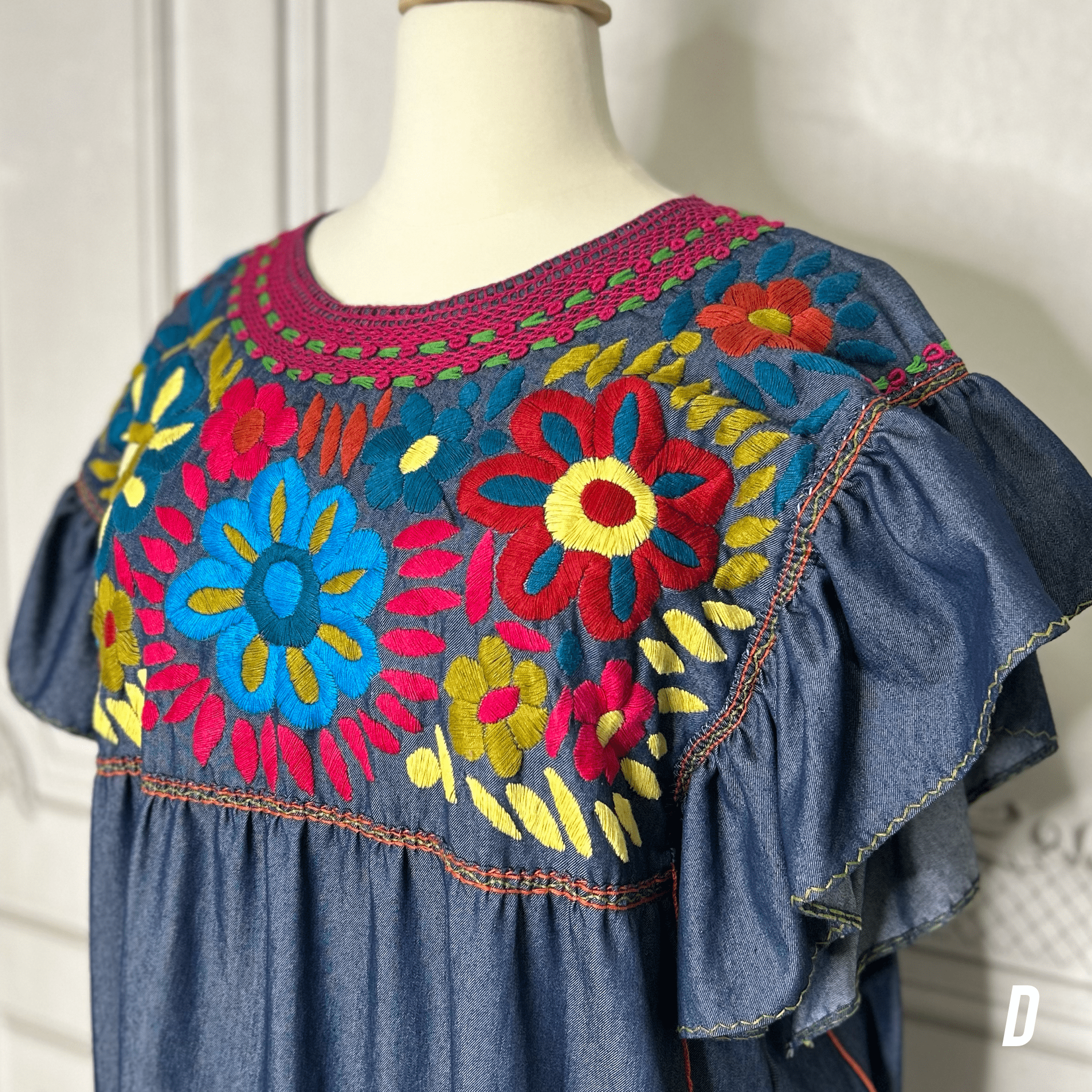 Mexican Embroidered Tiered Denim Maxi Dress - Rosie Mexican Embroidered Tiered Denim Maxi Dress - Rosie
