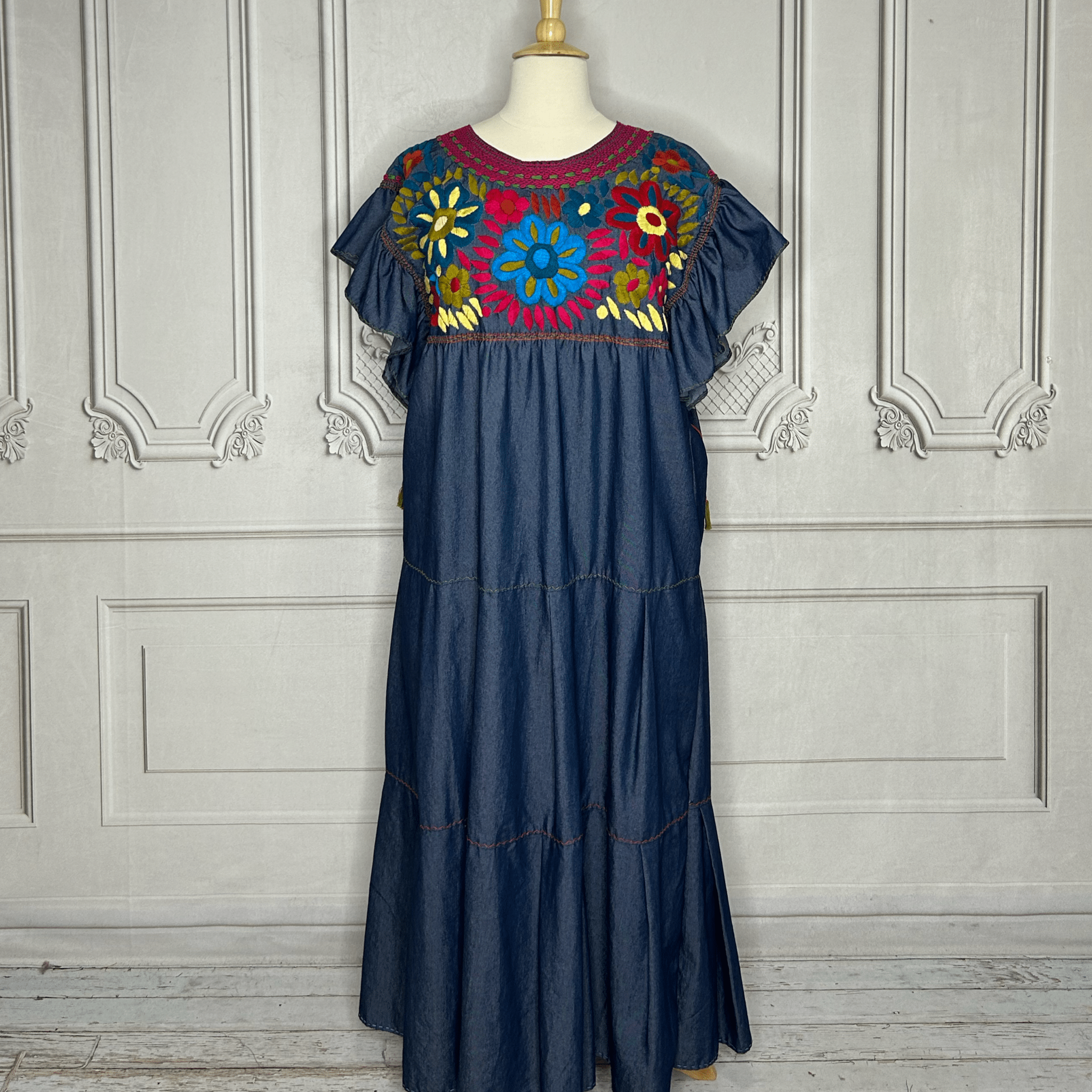 Mexican Embroidered Tiered Denim Maxi Dress - Rosie Mexican Embroidered Tiered Denim Maxi Dress - Rosie