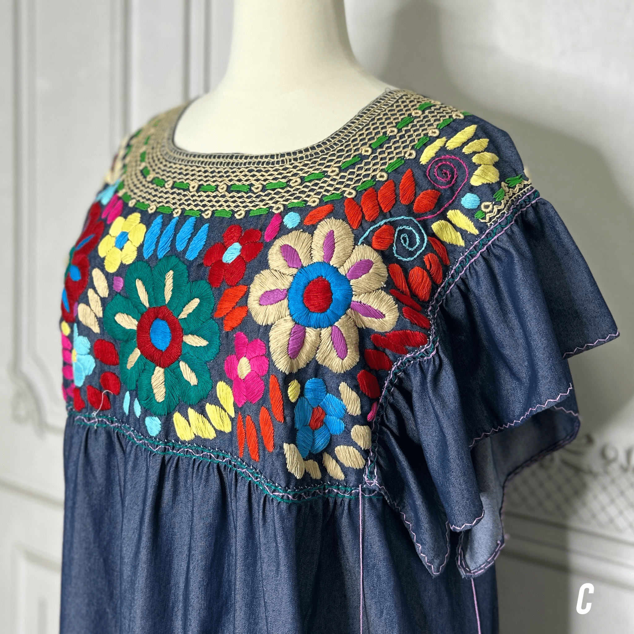 Mexican Embroidered Tiered Denim Maxi Dress - Rosie Mexican Embroidered Tiered Denim Maxi Dress - Rosie