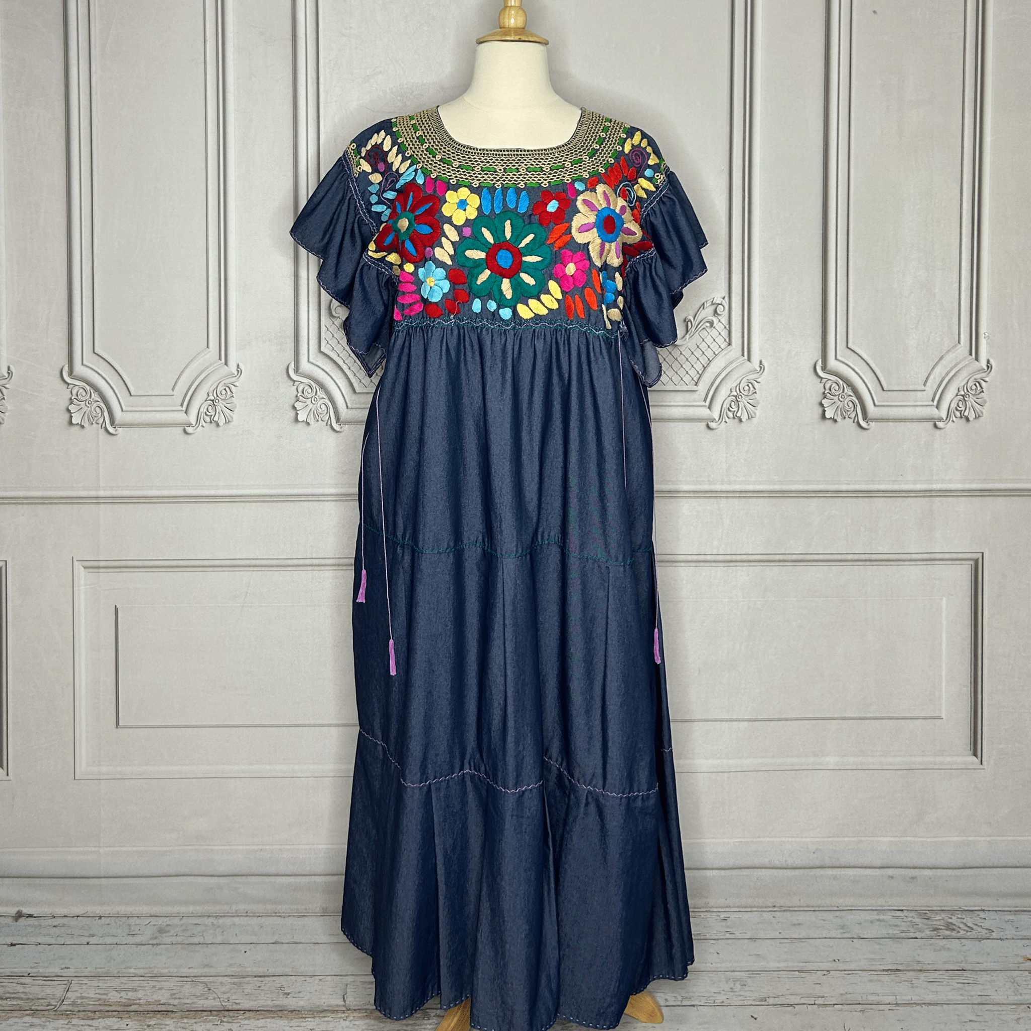 Mexican Embroidered Tiered Denim Maxi Dress - Rosie Mexican Embroidered Tiered Denim Maxi Dress - Rosie