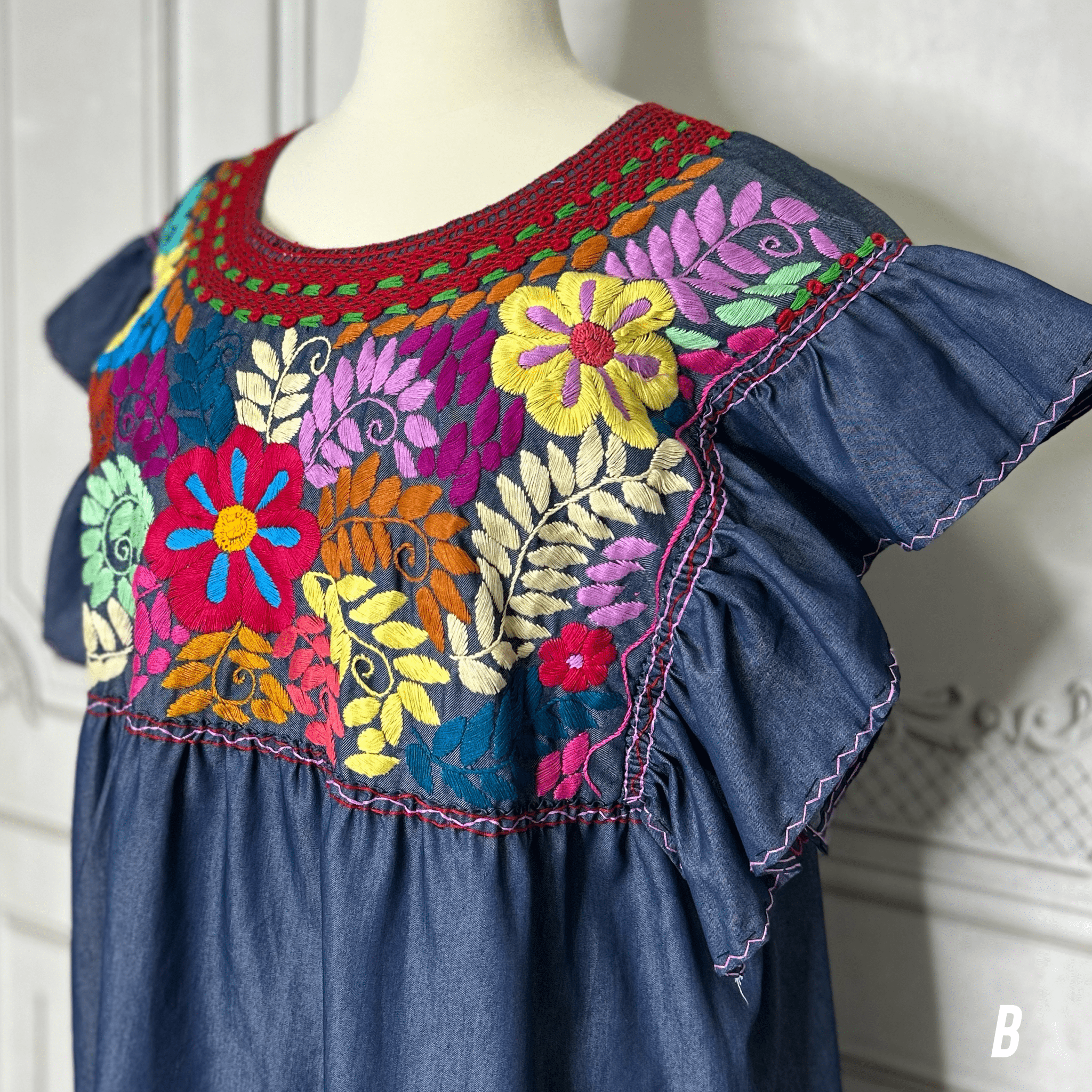 Mexican Embroidered Tiered Denim Maxi Dress - Rosie Mexican Embroidered Tiered Denim Maxi Dress - Rosie