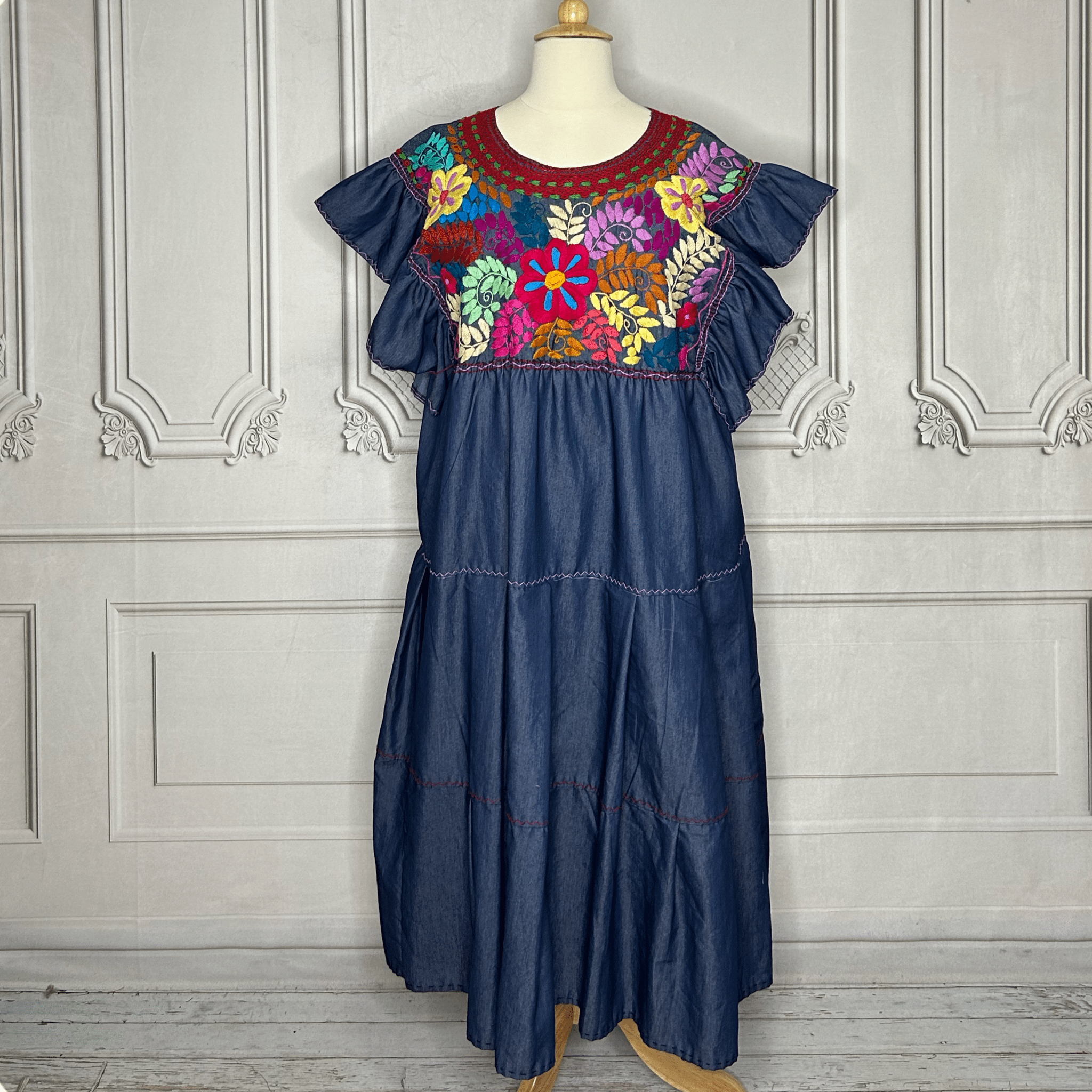 Mexican Embroidered Tiered Denim Maxi Dress - Rosie Mexican Embroidered Tiered Denim Maxi Dress - Rosie