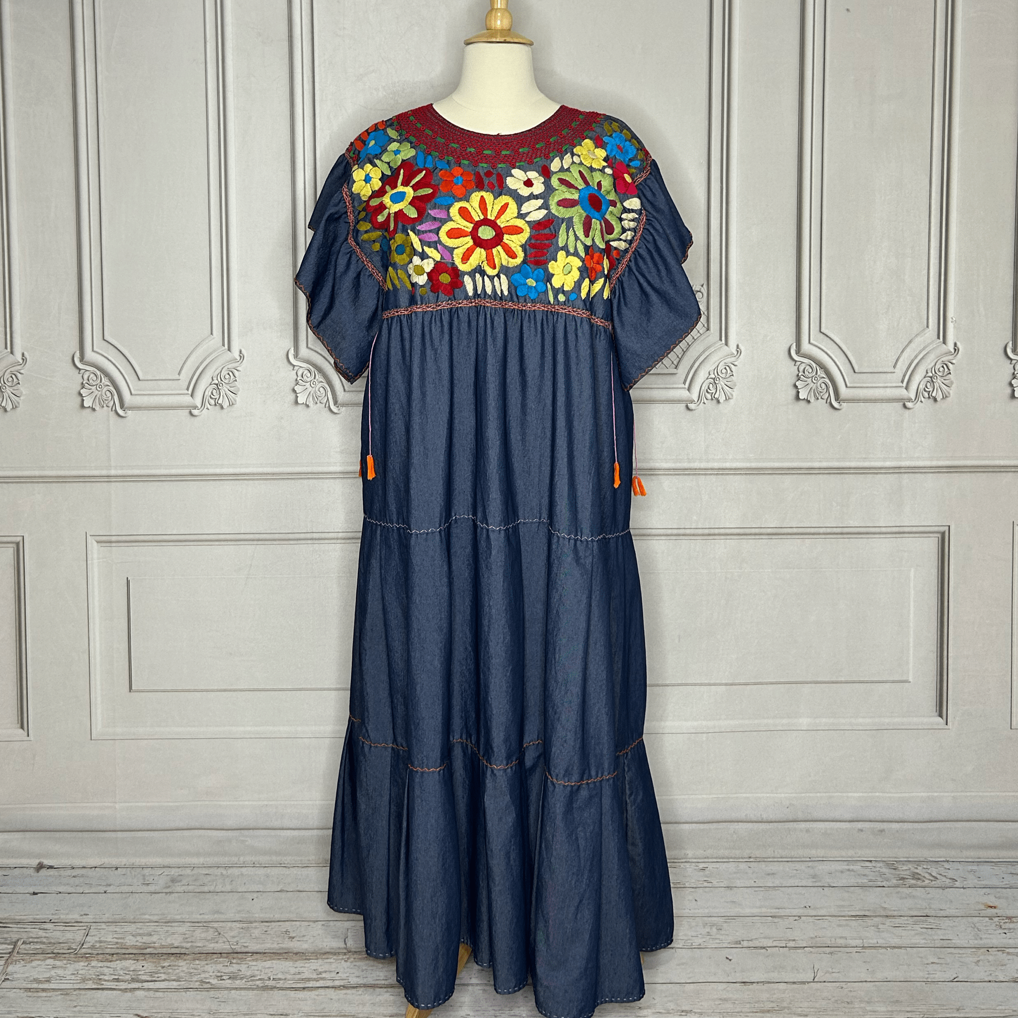 Mexican Embroidered Tiered Denim Maxi Dress - Rosie Mexican Embroidered Tiered Denim Maxi Dress - Rosie