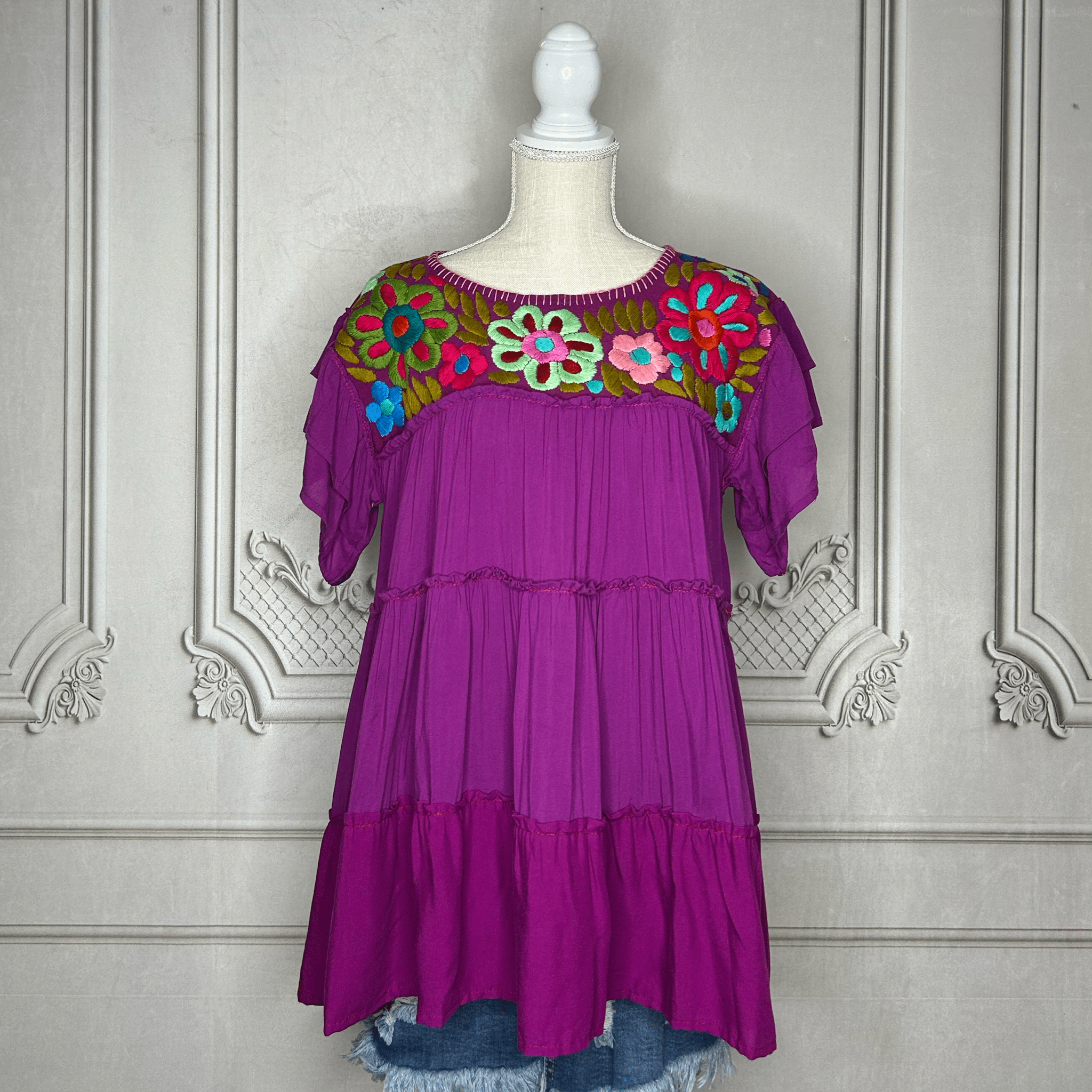 Mexican Embroidered Tiered Tunic with Layered Sleeve - Rosie Mexican Embroidered Tiered Tunic with Layered Sleeve - Rosie
