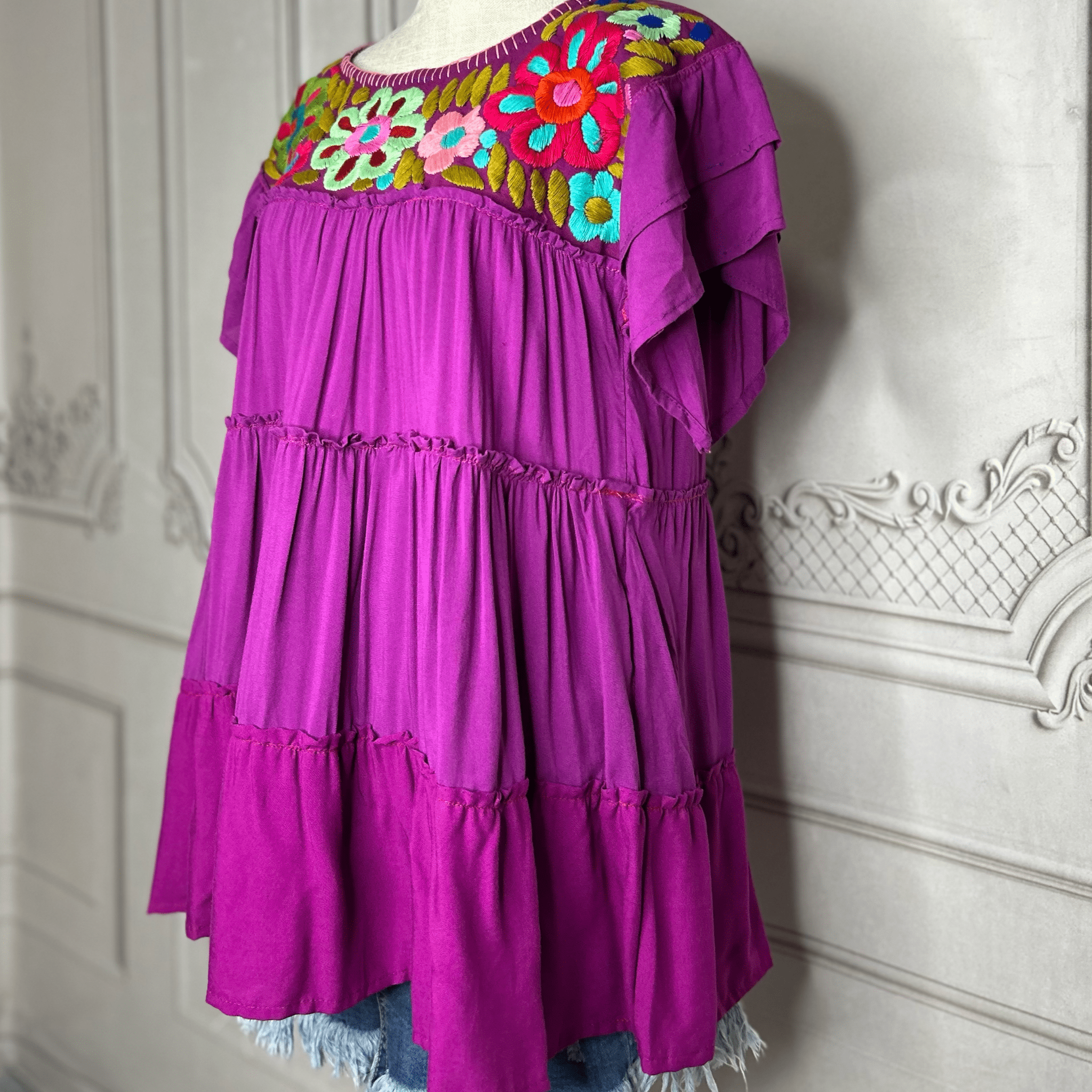 Mexican Embroidered Tiered Tunic with Layered Sleeve - Rosie Mexican Embroidered Tiered Tunic with Layered Sleeve - Rosie
