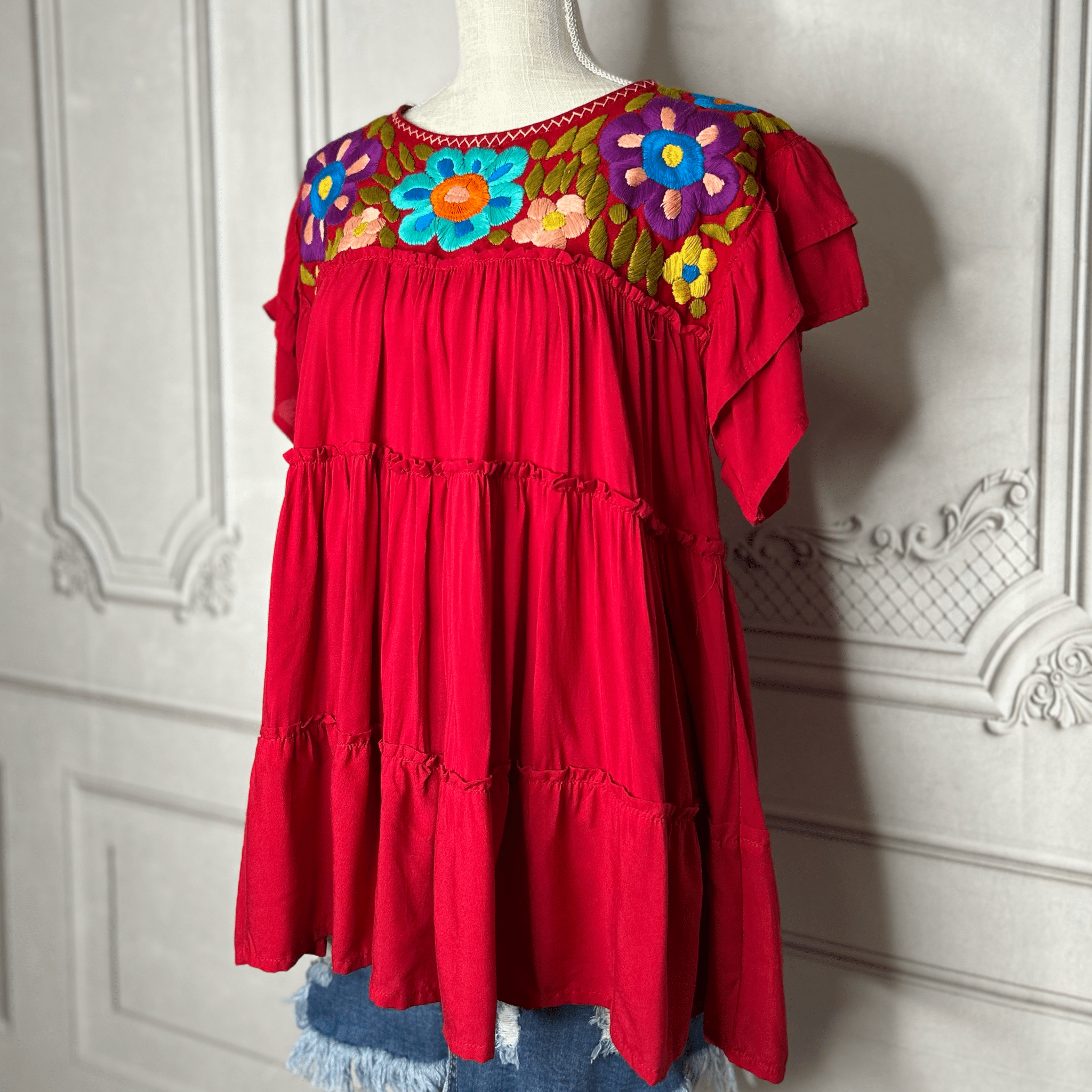 Mexican Embroidered Tiered Tunic with Layered Sleeve - Rosie Mexican Embroidered Tiered Tunic with Layered Sleeve - Rosie