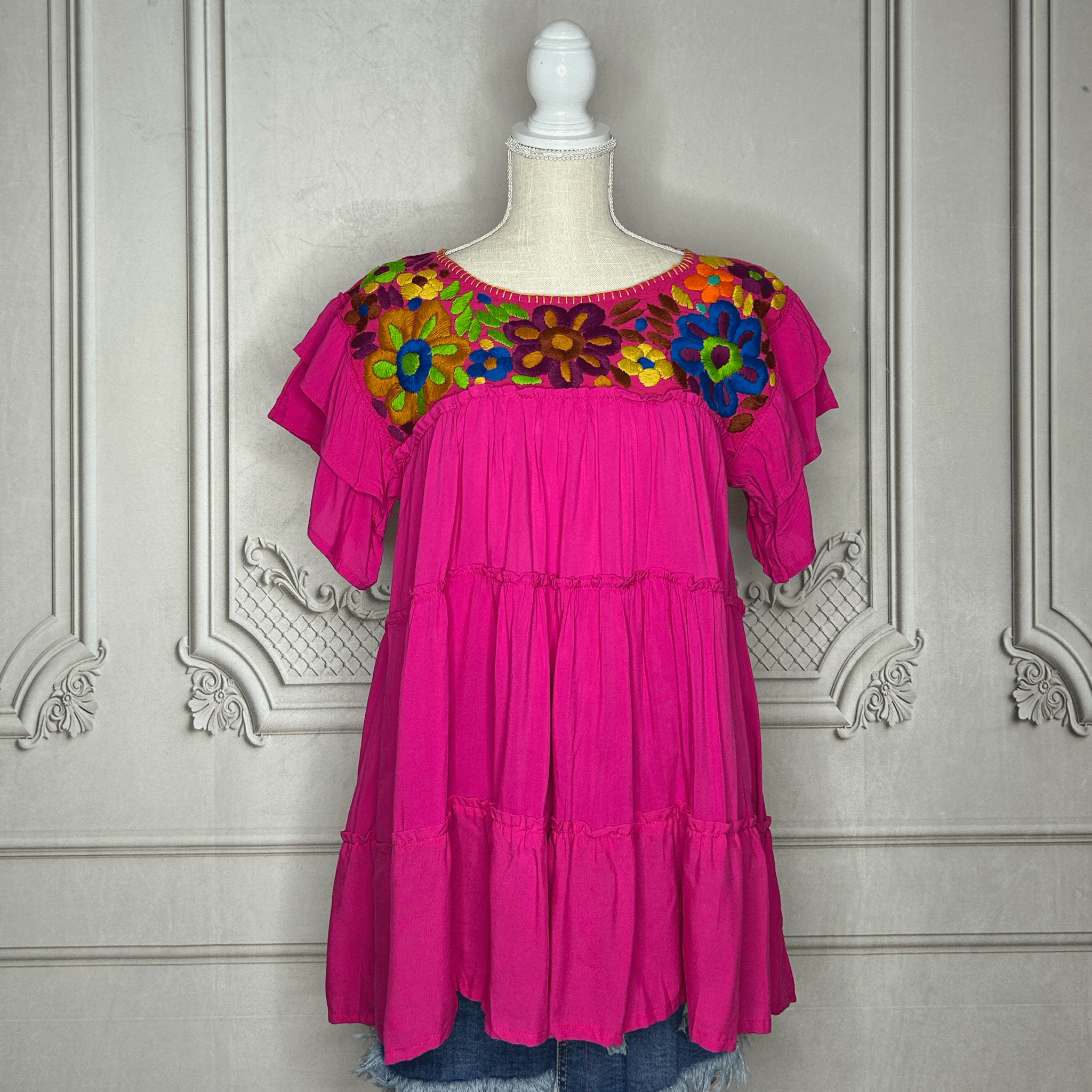 Mexican Embroidered Tiered Tunic with Layered Sleeve - Rosie Mexican Embroidered Tiered Tunic with Layered Sleeve - Rosie