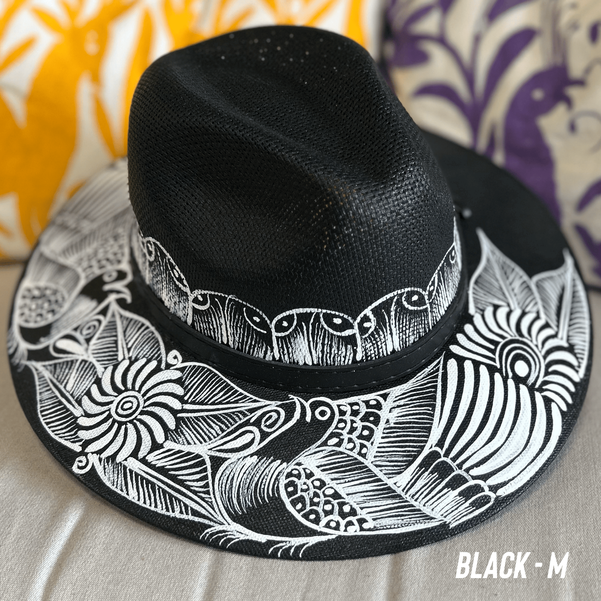 Mexican Hand Painted Black and White Sun Hat Mexican Hand Painted Black and White Sun Hat