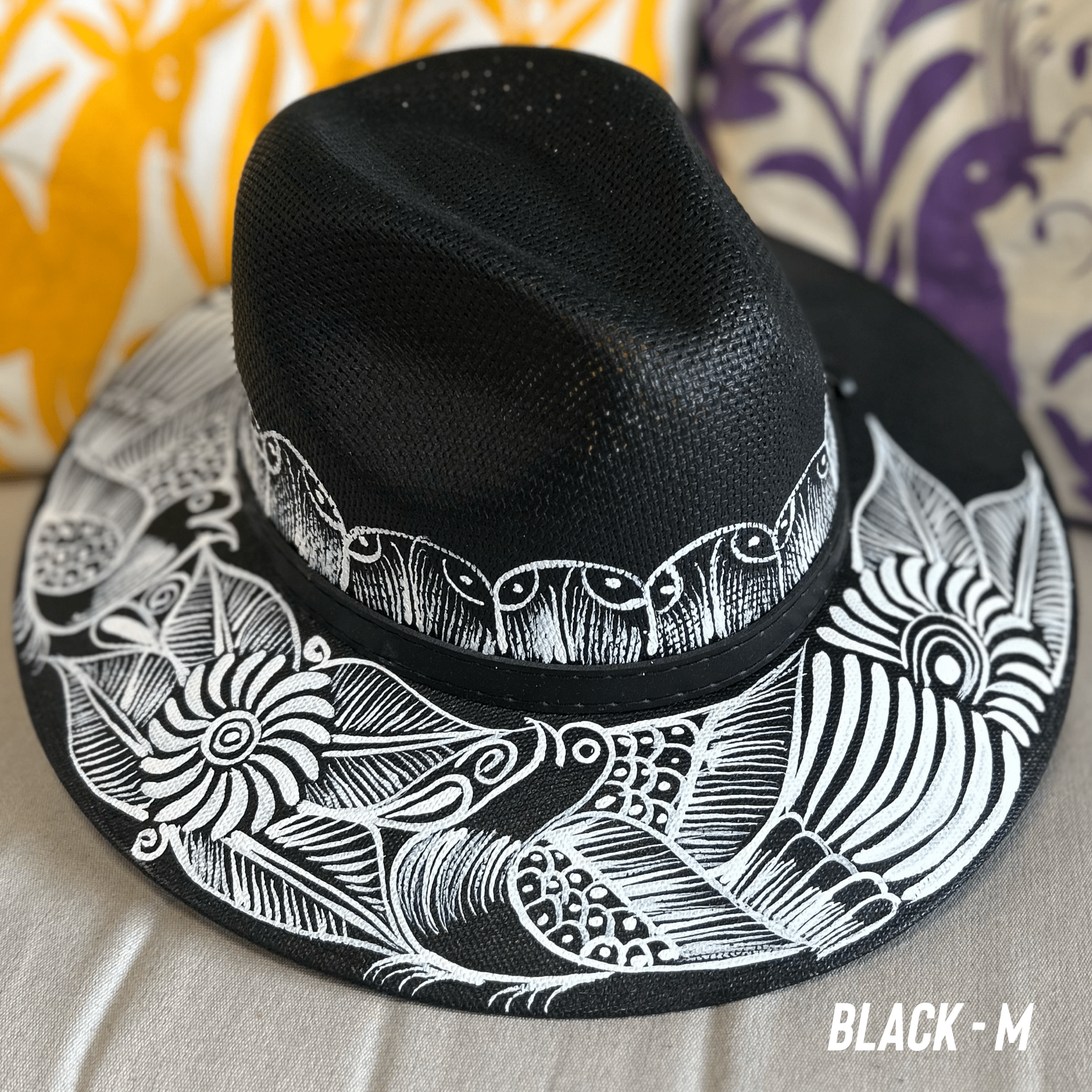 Mexican Hand Painted Black and White Sun Hat Mexican Hand Painted Black and White Sun Hat