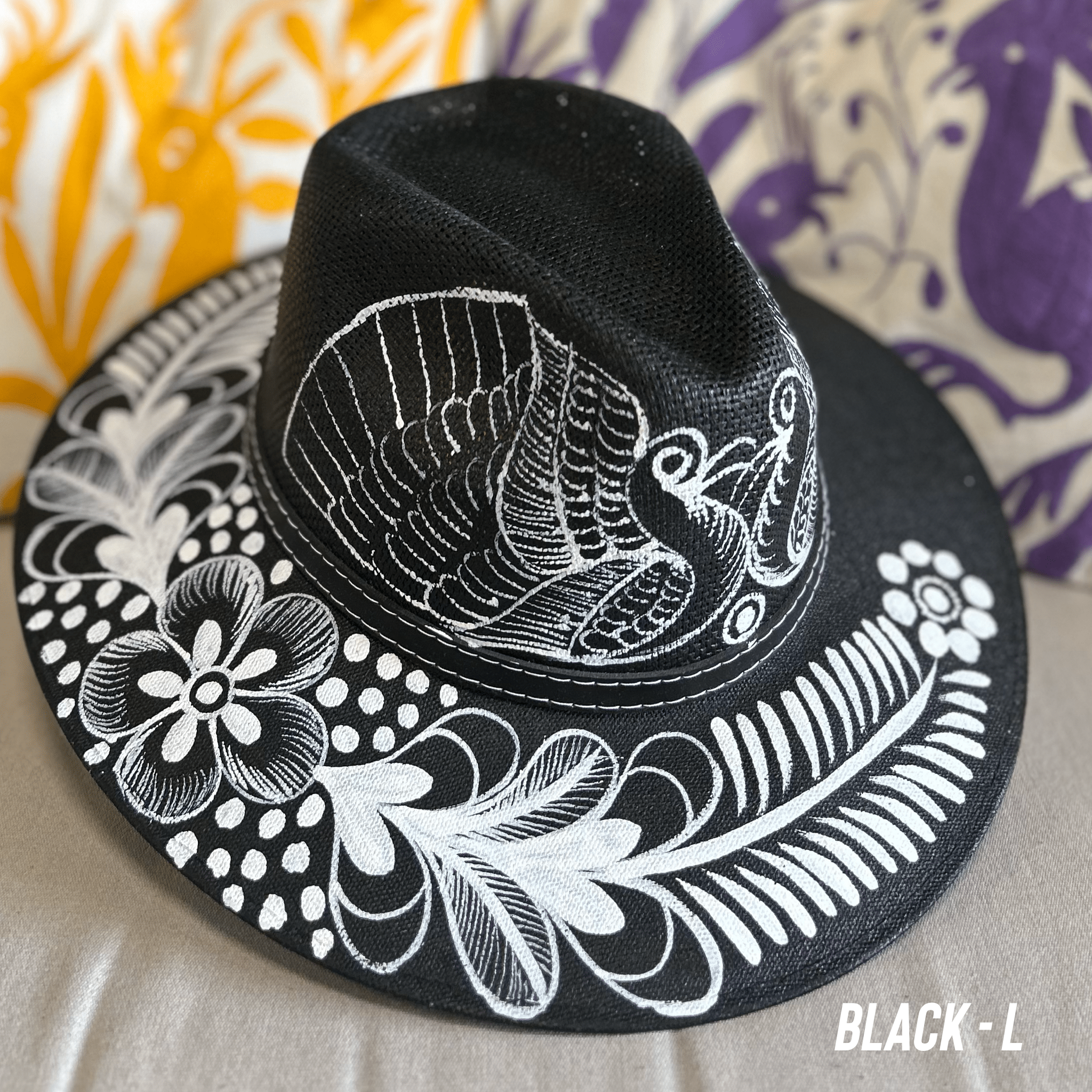 Mexican Hand Painted Black and White Sun Hat Mexican Hand Painted Black and White Sun Hat