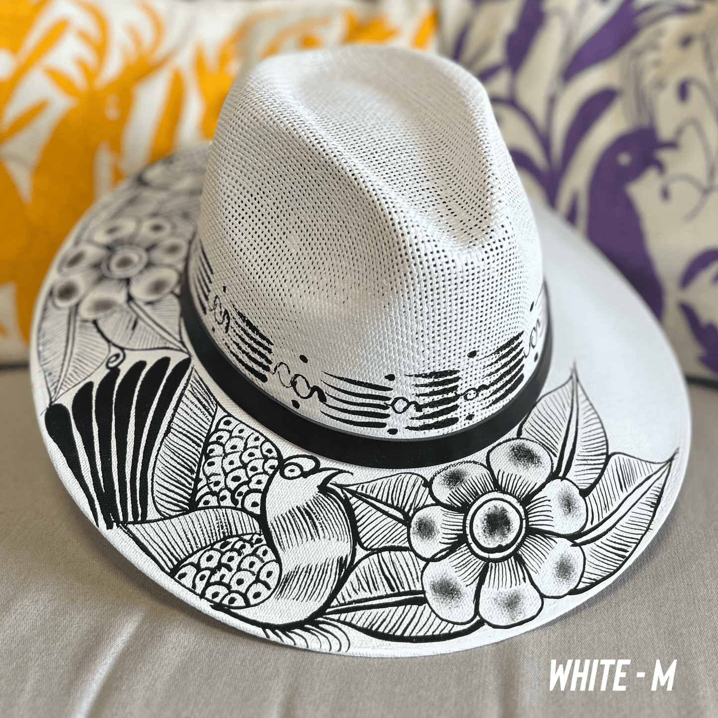 Mexican Hand Painted Black and White Sun Hat Mexican Hand Painted Black and White Sun Hat