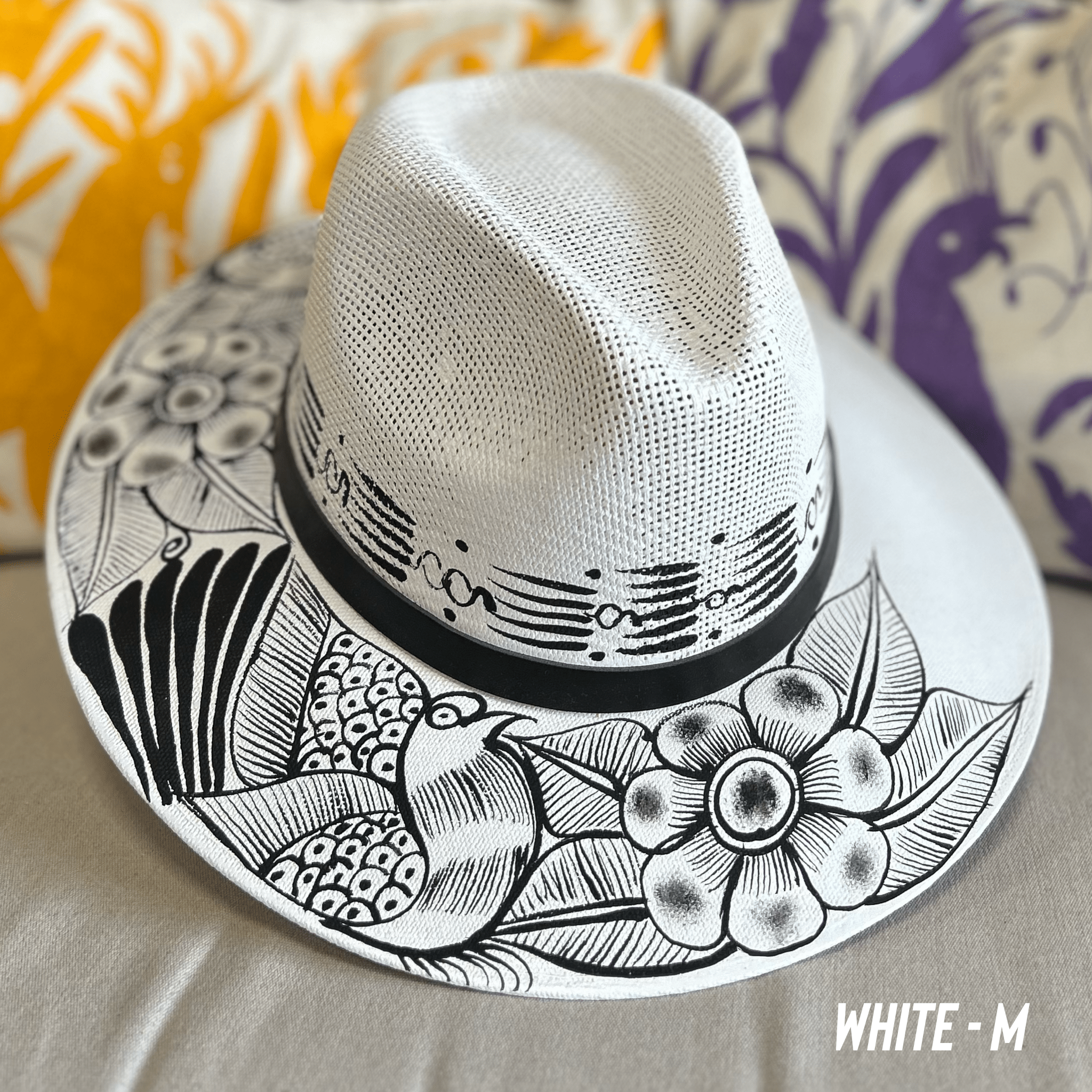 Mexican Hand Painted Black and White Sun Hat Mexican Hand Painted Black and White Sun Hat
