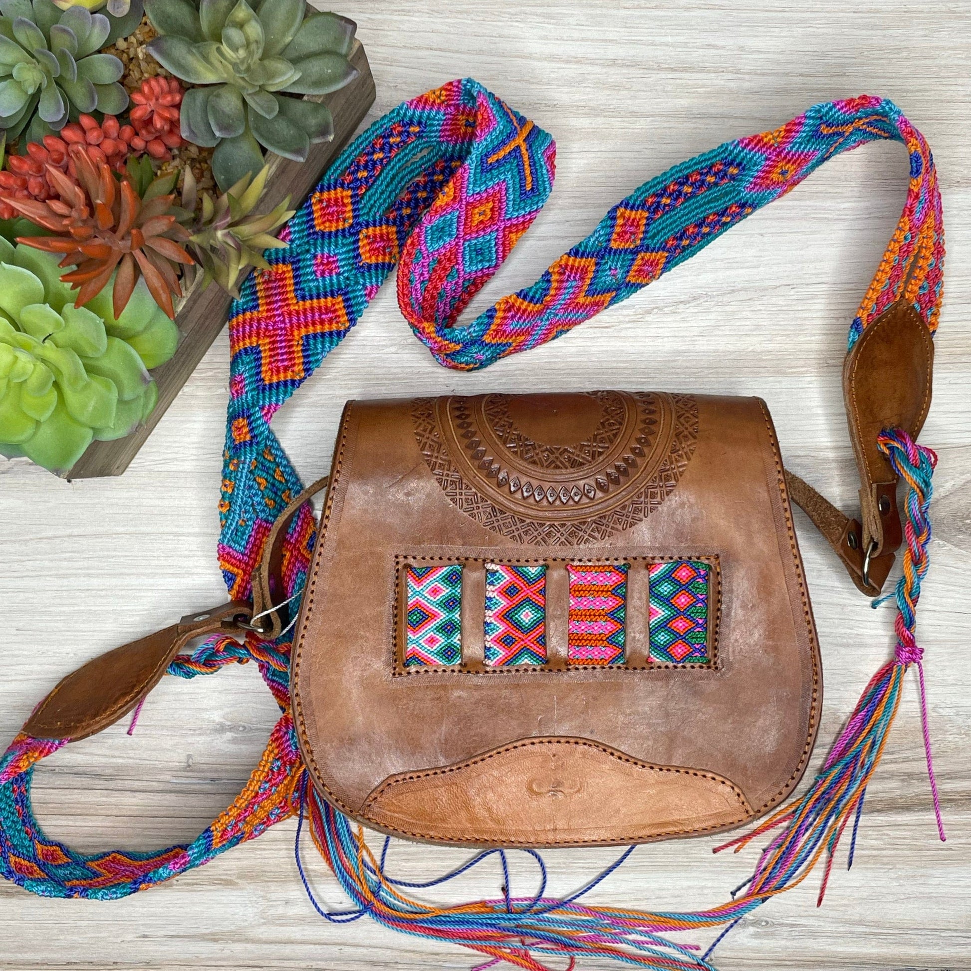 Mexican Leather Crossbody Saddle Bag - Hand Tooled