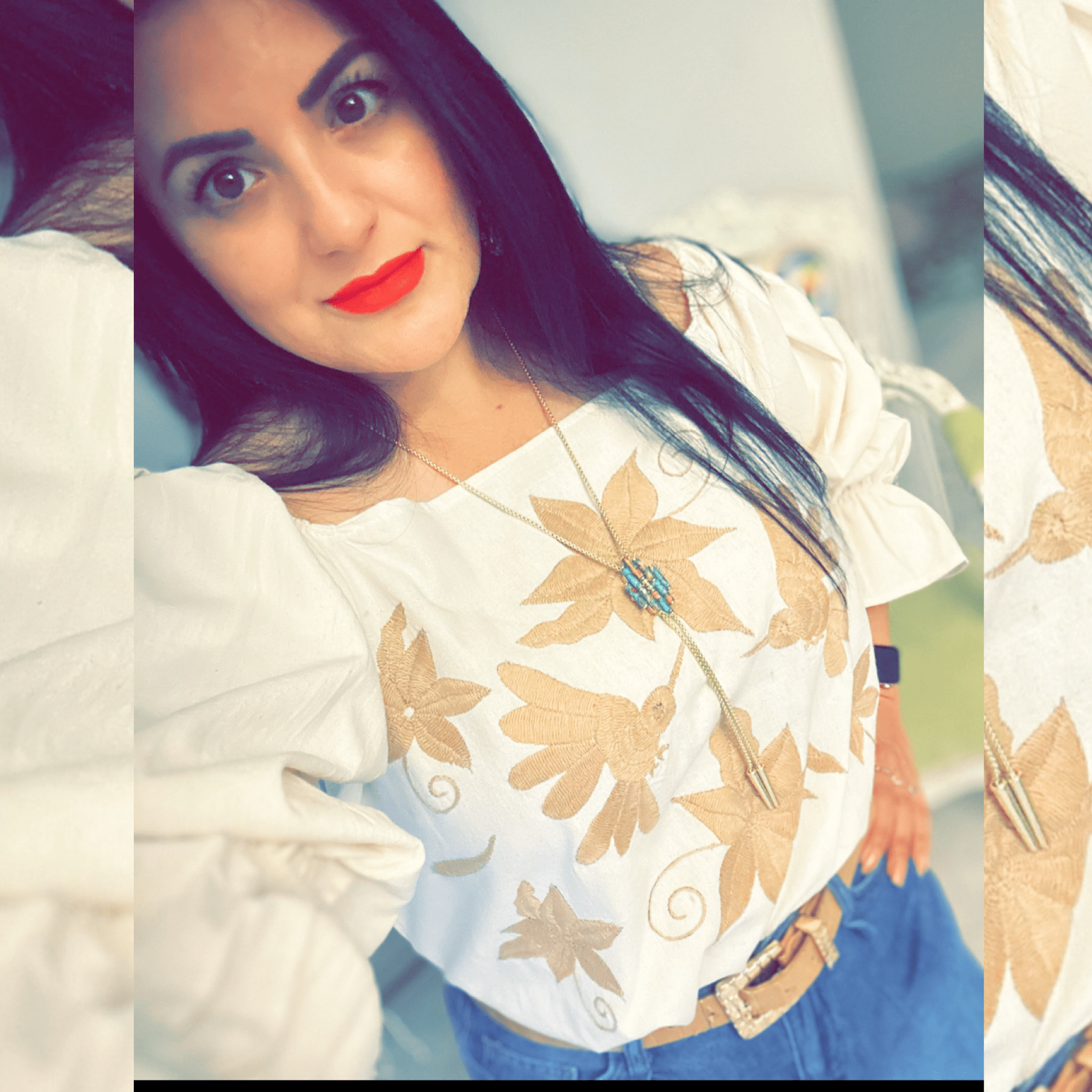 Mexican Otomi Blouse Puff Elastic Sleeve - Gold Mexican Otomi Blouse Puff Elastic Sleeve - Gold