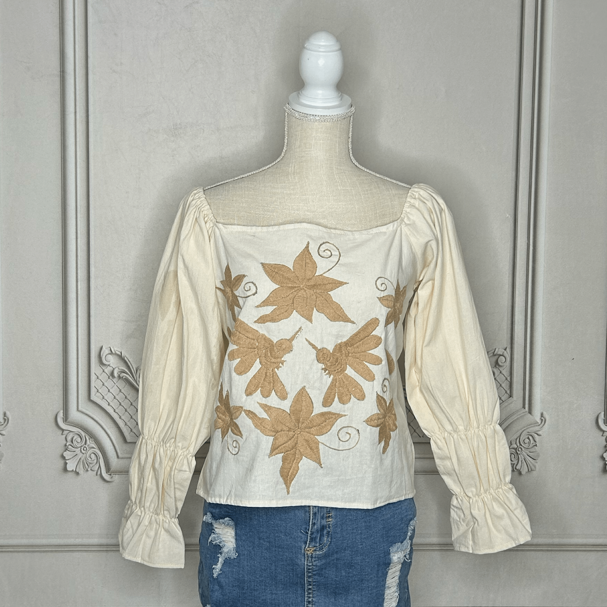Mexican Otomi Blouse Puff Elastic Sleeve - Gold Mexican Otomi Blouse Puff Elastic Sleeve - Gold