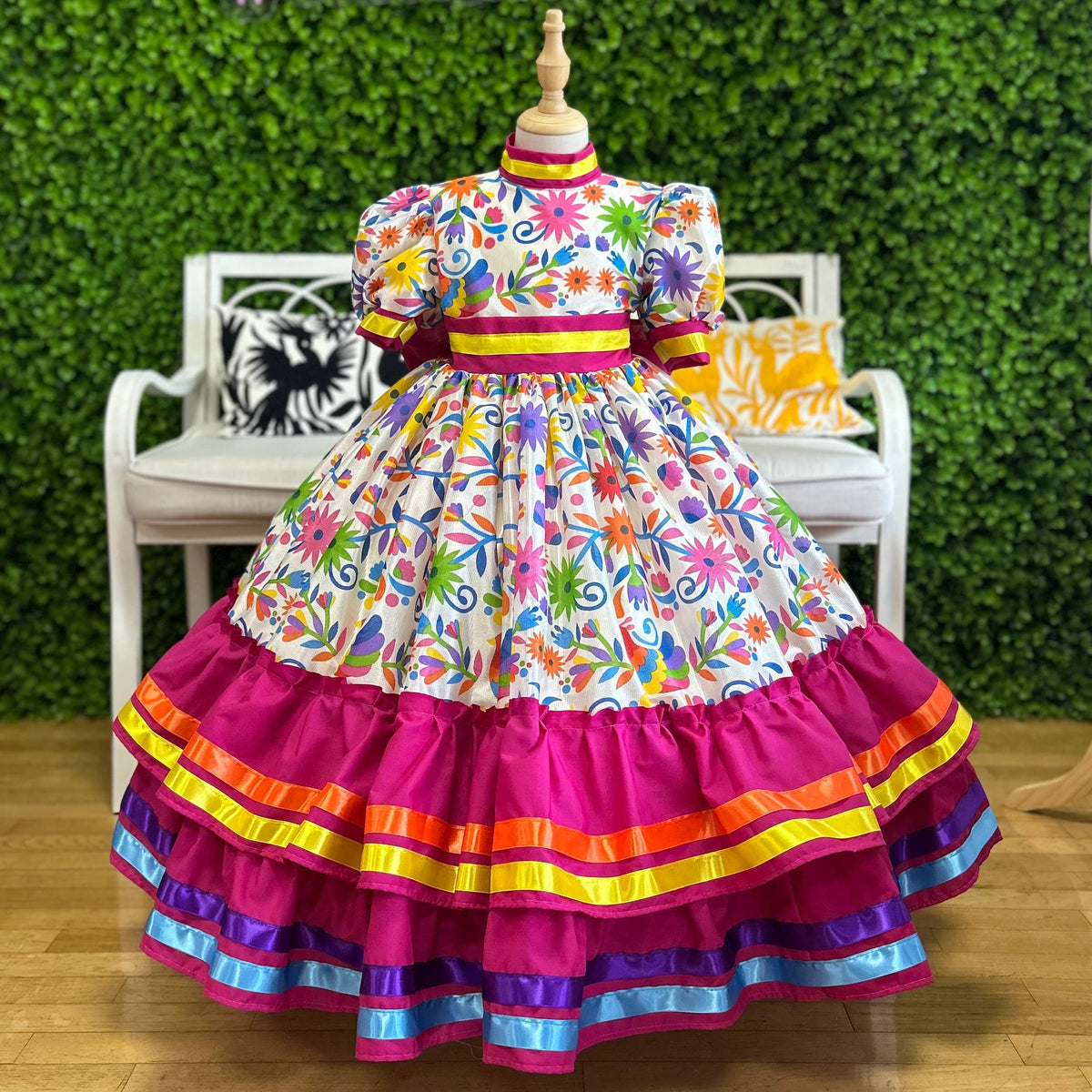 mexican traditional dress Otomi Charro for Girls Cream / 10Y Color:Lapiz Blue Bardot Laverne Strapless Midi nov24 Puebla crafted in the classic