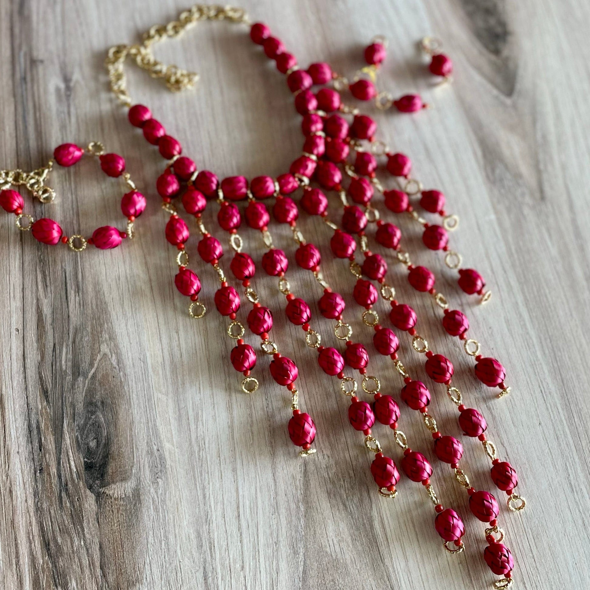 Mexican Palm Necklace Set - Fuchsia