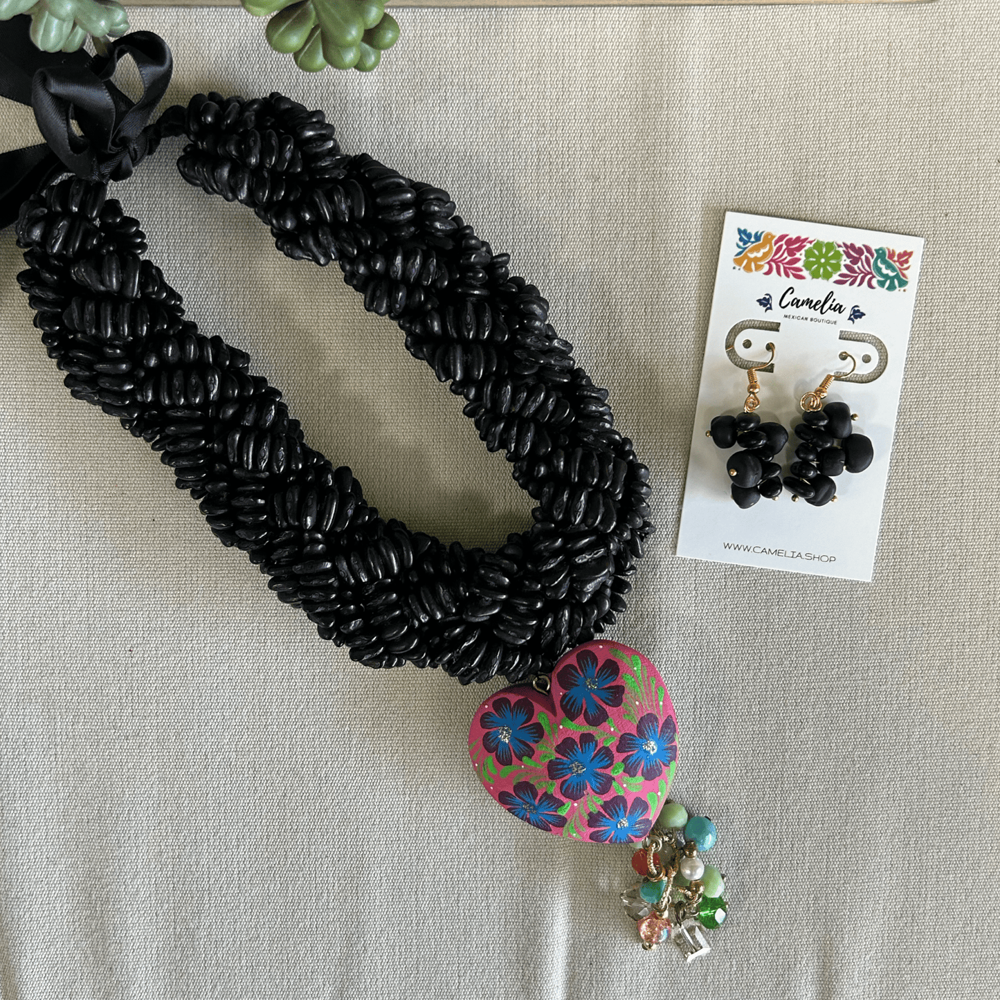 Mexican Seed Braided Necklace - Beaded Tasseled Heart