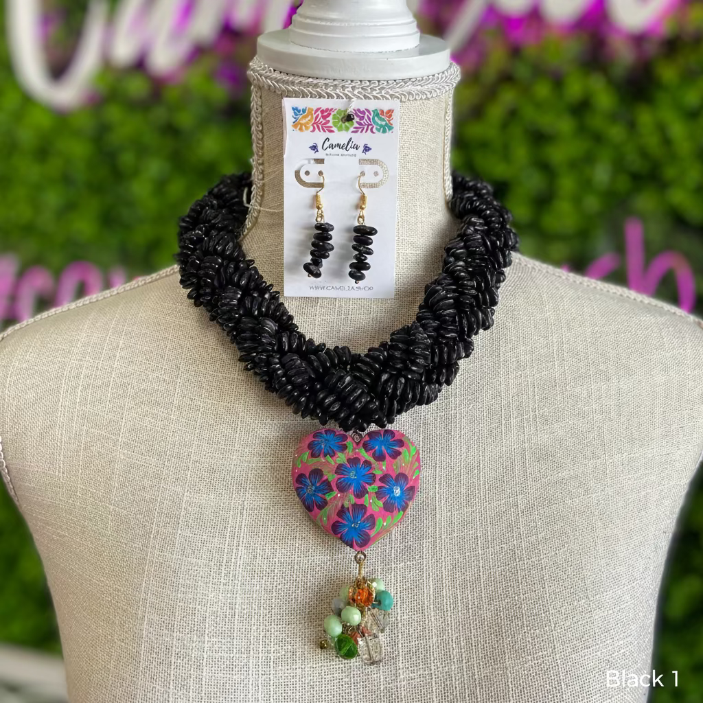Mexican Seed Braided Necklace Heart set Mexican Seed Braided Necklace Heart set