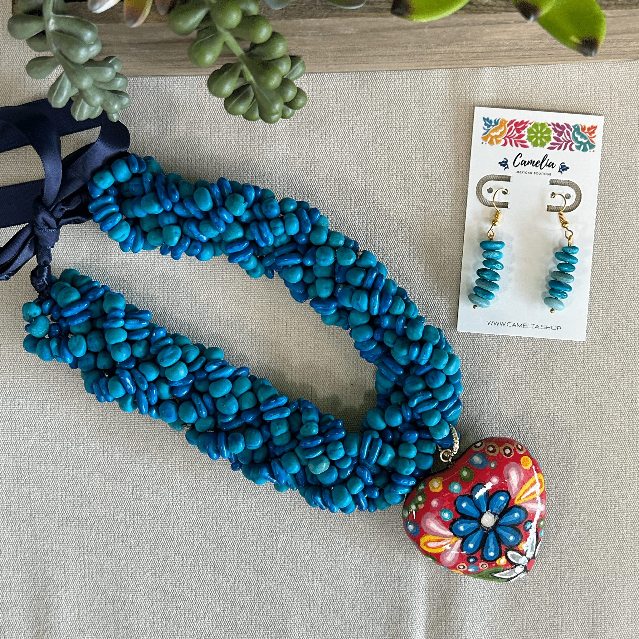 Mexican Seed Braided Necklace Heart set