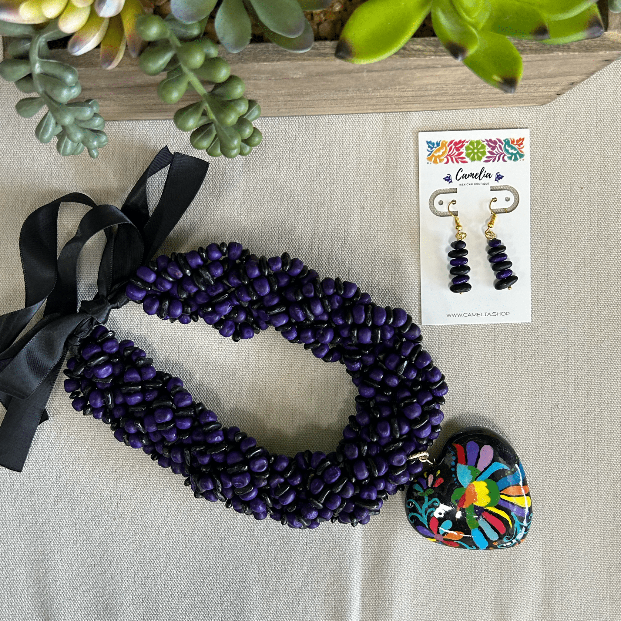 Mexican Seed Braided Necklace Heart set