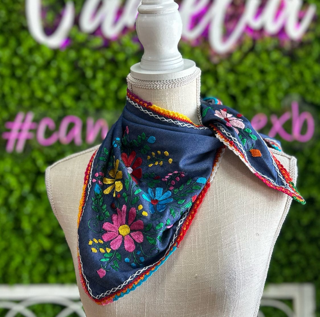 Mexican Silk Embroidered Scarf - Denim Mexican Silk Embroidered Scarf - Denim